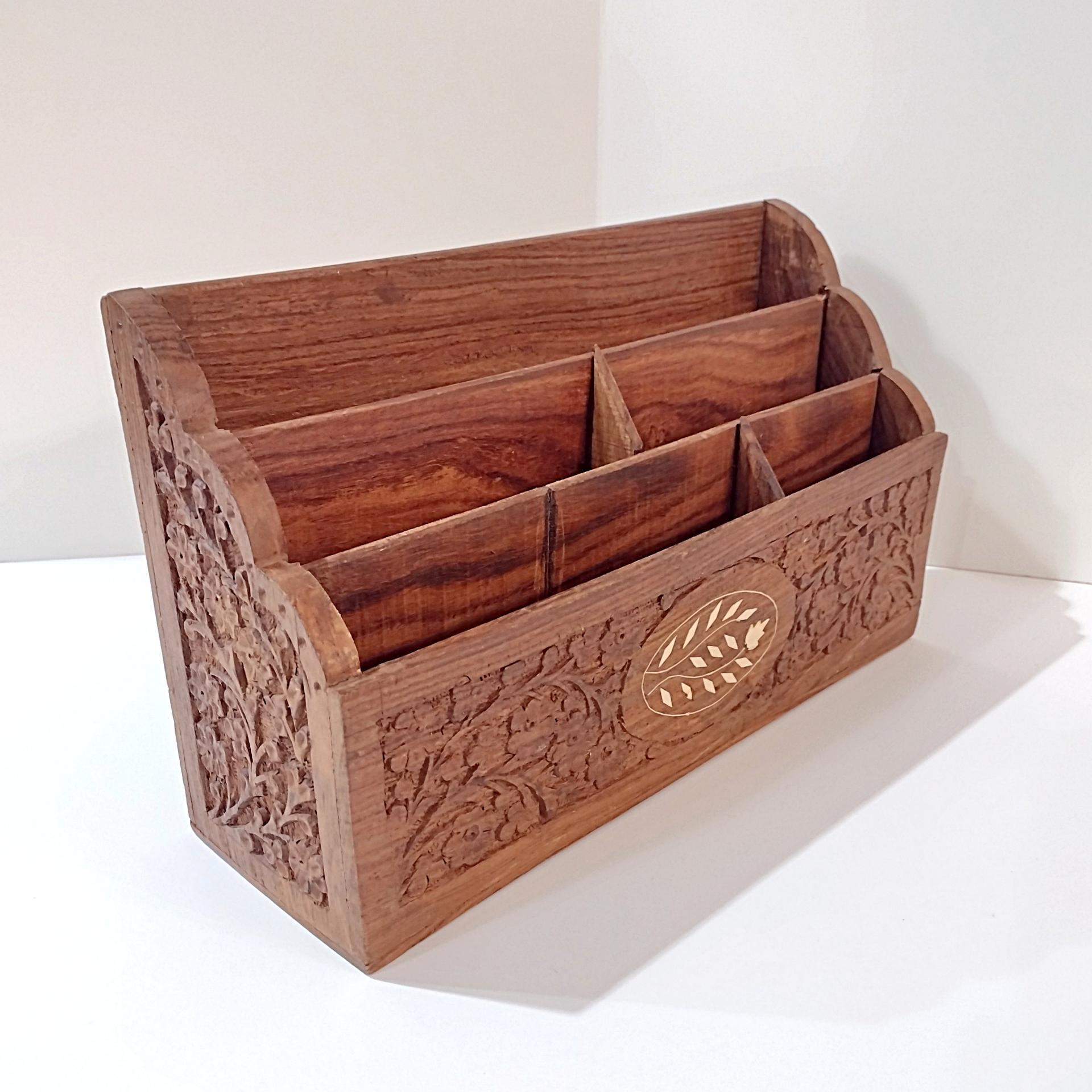 Vintage Carved Wooden Desk Organizer Caddy, Letter Note Holder, Made in India
