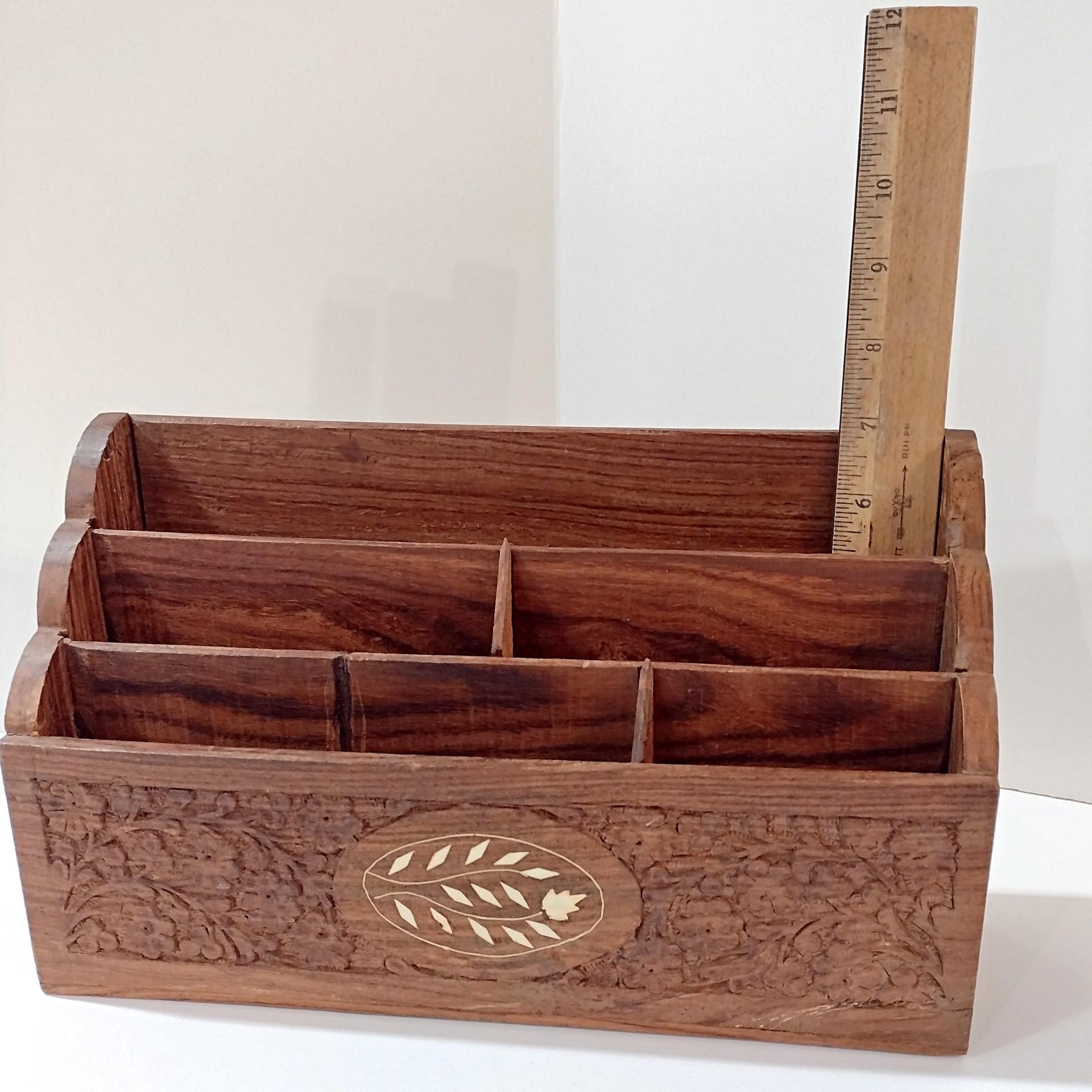 Vintage Carved Wooden Desk Organizer Caddy, Letter Note Holder, Made in India