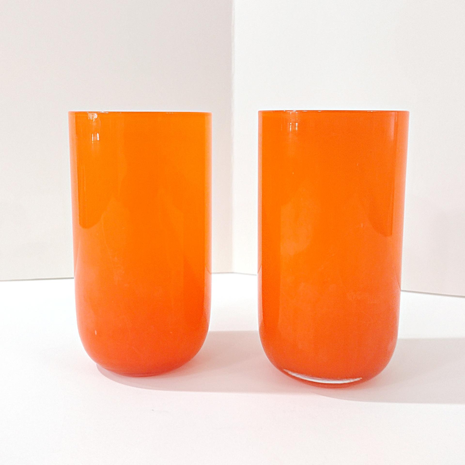 Vintage Orange Hand Blown Cased Glass Tumblers, Set of 2, Orange Highball Cocktail Glasses