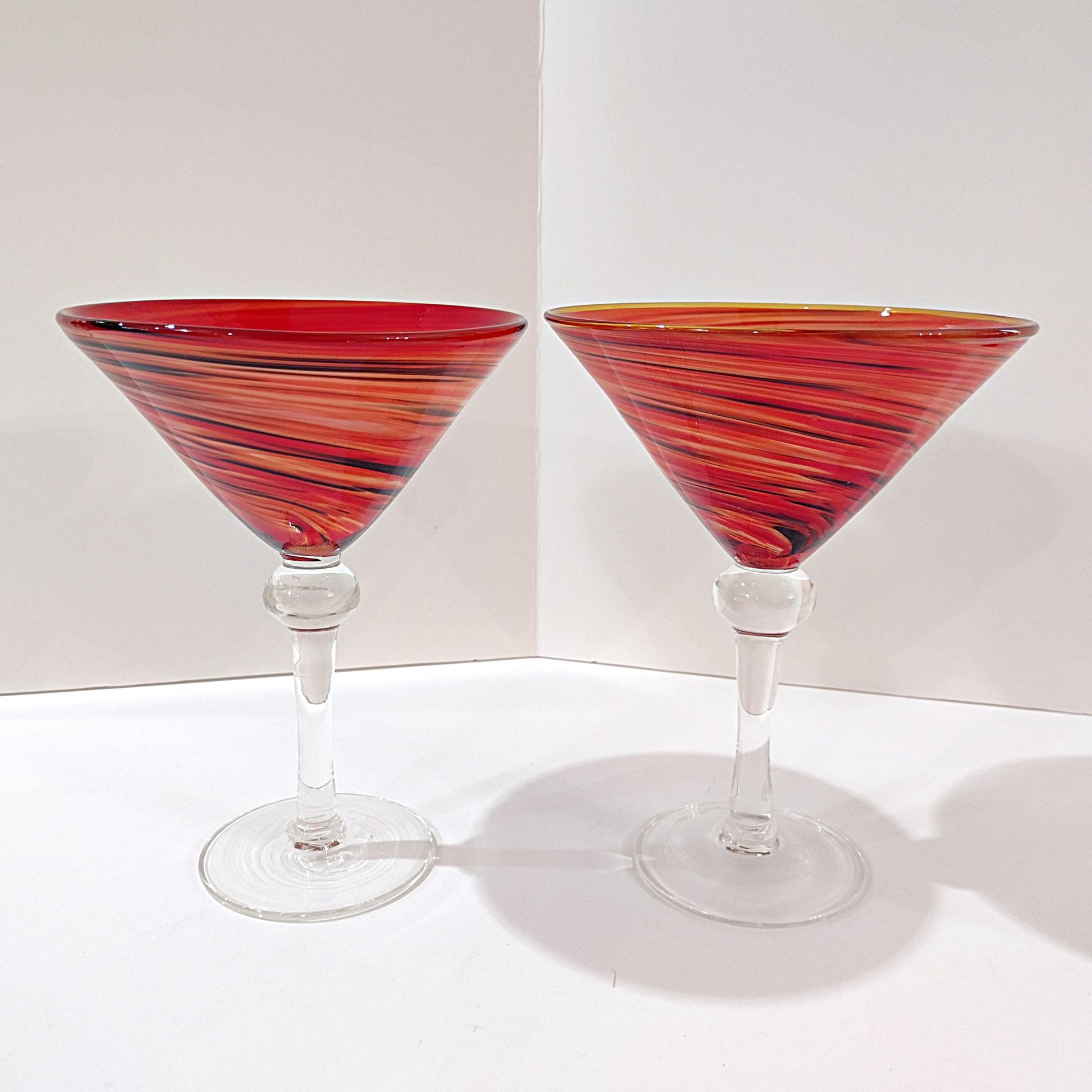 Vintage Hand Blown Martini Cocktail Glasses, Set of 2, Orange Red Black Swirl Art Glasses