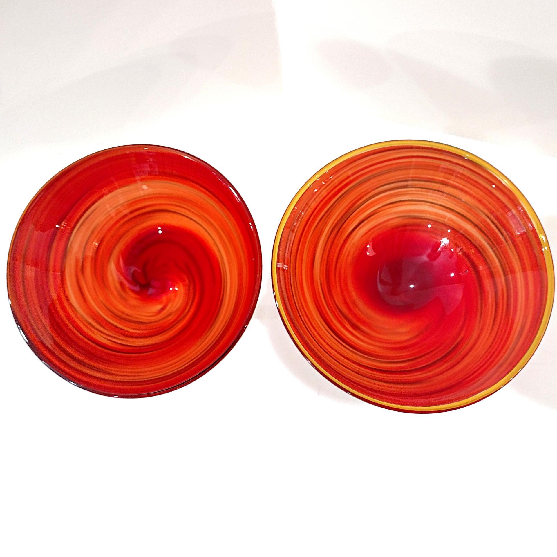 Vintage Hand Blown Martini Cocktail Glasses, Set of 2, Orange Red Black Swirl Art Glasses