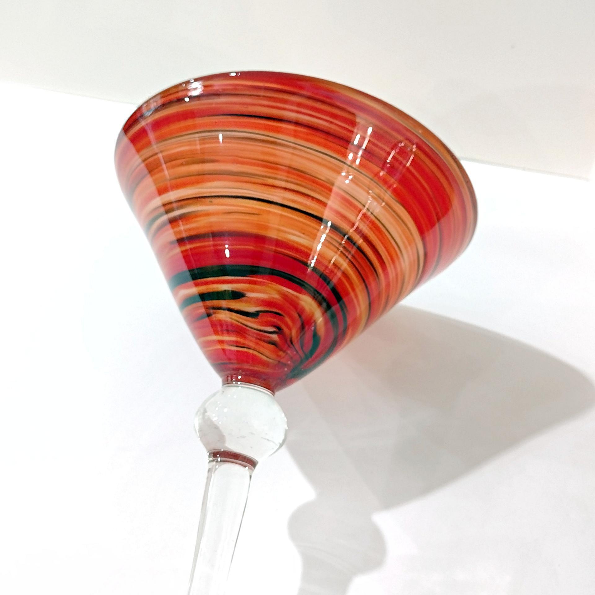 Vintage Hand Blown Martini Cocktail Glasses, Set of 2, Orange Red Black Swirl Art Glasses