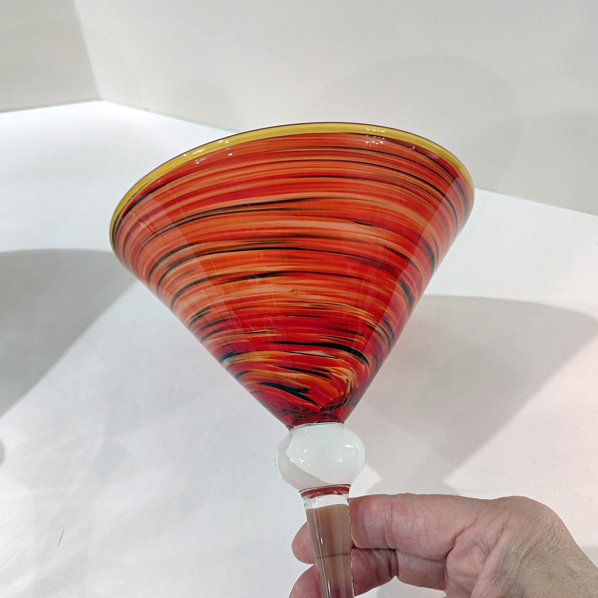 Vintage Hand Blown Martini Cocktail Glasses, Set of 2, Orange Red Black Swirl Art Glasses