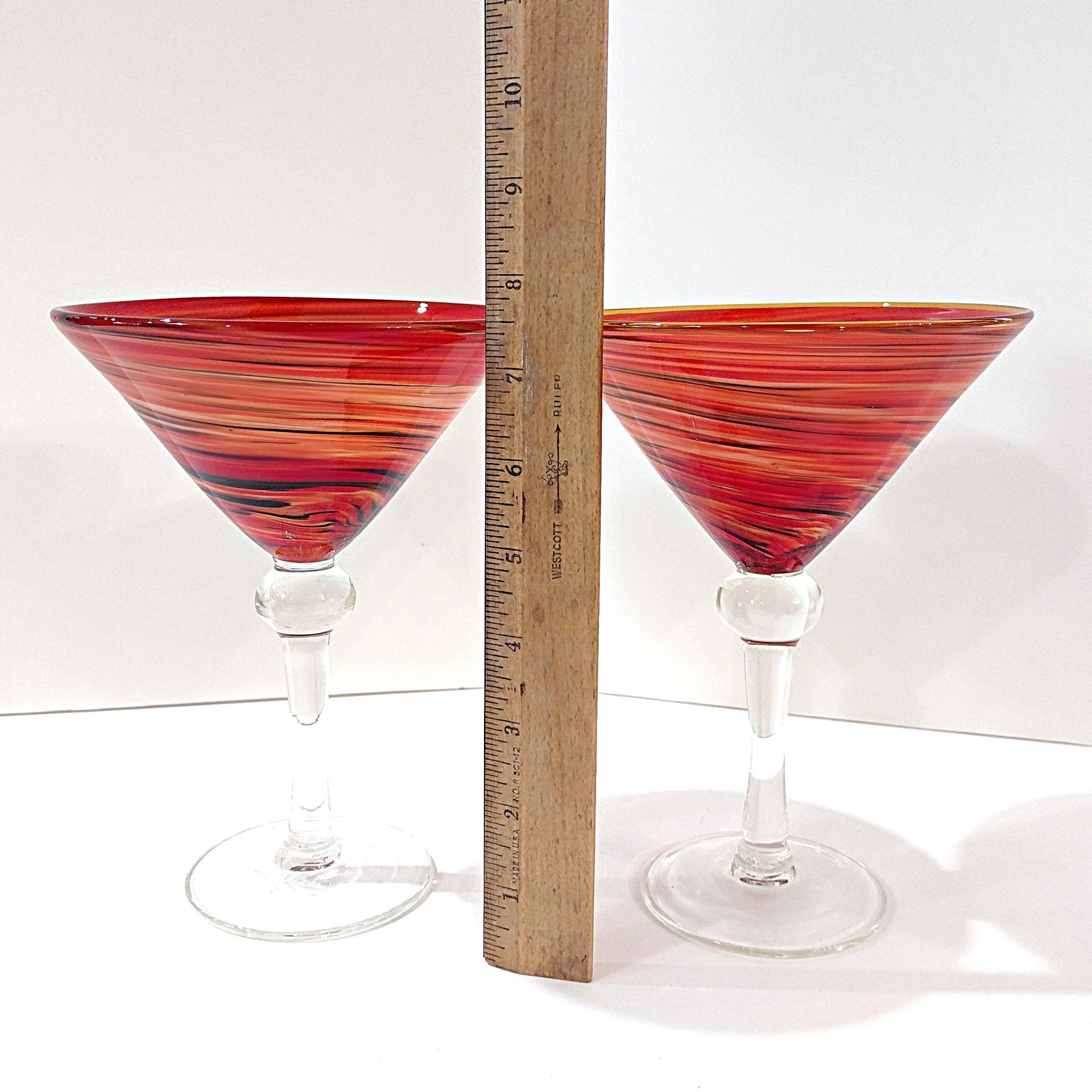 Vintage Hand Blown Martini Cocktail Glasses, Set of 2, Orange Red Black Swirl Art Glasses