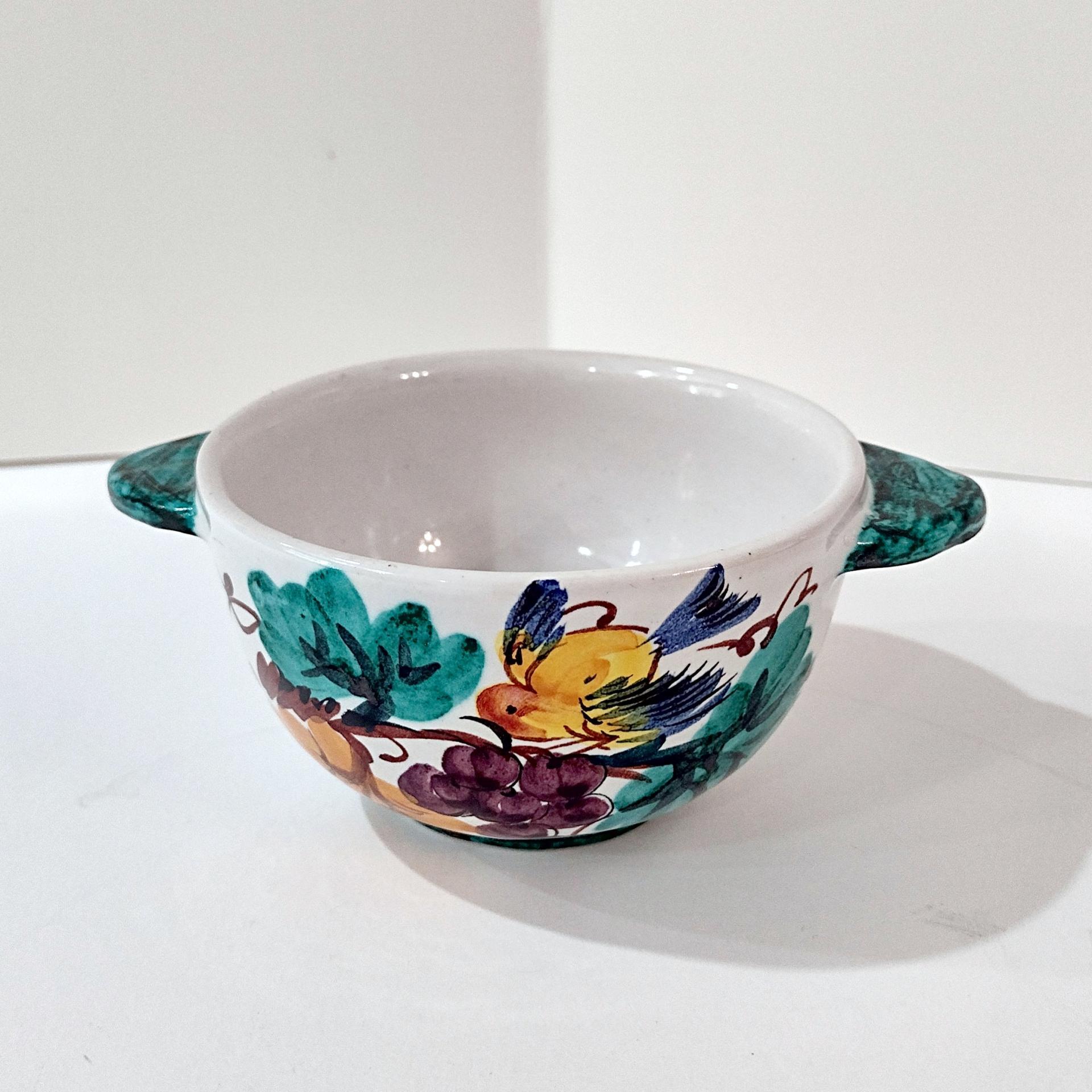 Vintage Hand Painted Italian Majolica Ceramic Bowl, Bird, Grapes, and Floral Design, PV Peasant Village Italy Pottery, Open Sugar Bowl