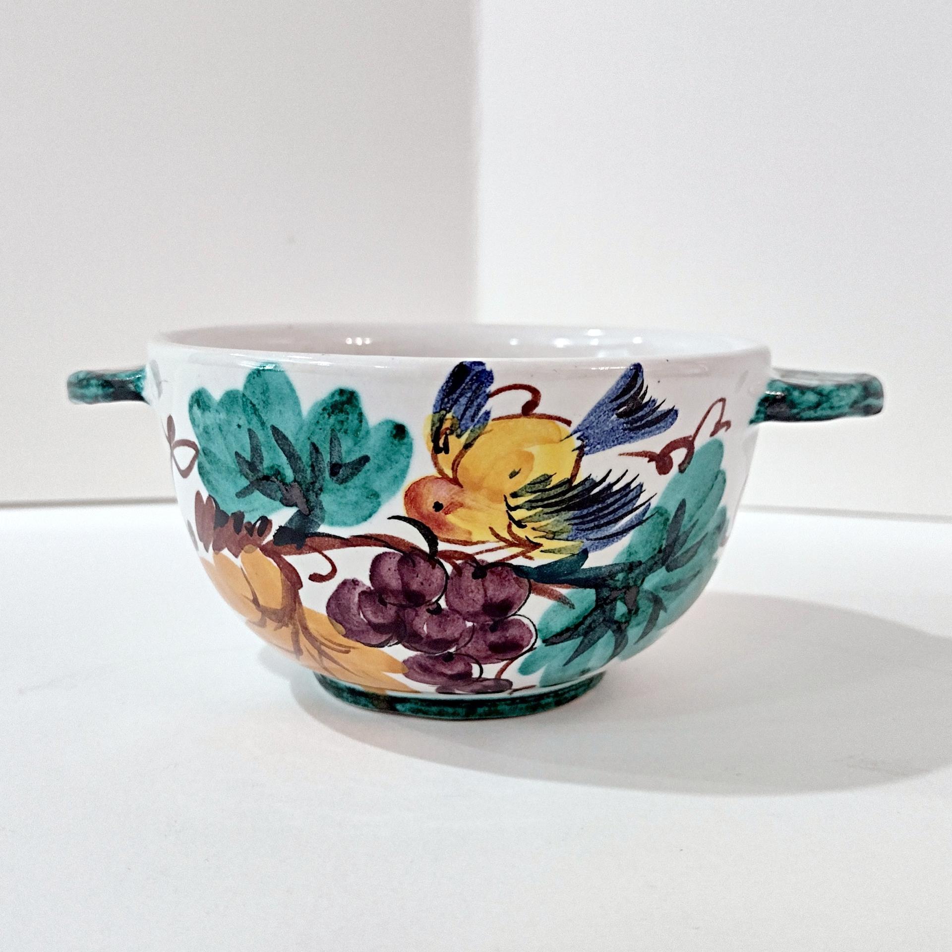 Vintage Hand Painted Italian Majolica Ceramic Bowl, Bird, Grapes, and Floral Design, PV Peasant Village Italy Pottery, Open Sugar Bowl