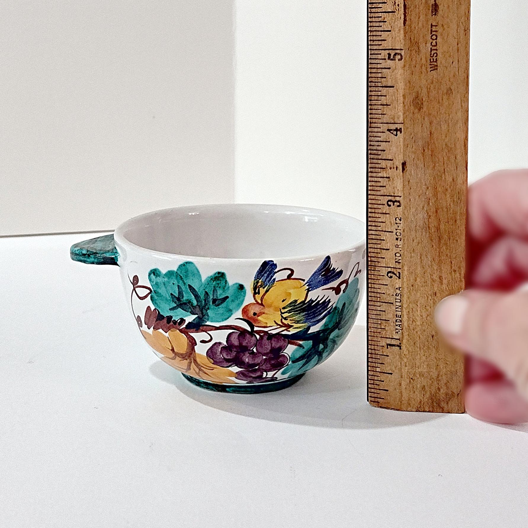 Vintage Hand Painted Italian Majolica Ceramic Bowl, Bird, Grapes, and Floral Design, PV Peasant Village Italy Pottery, Open Sugar Bowl