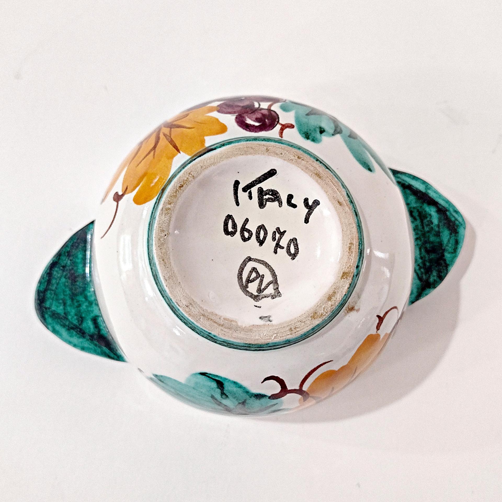 Vintage Hand Painted Italian Majolica Ceramic Bowl, Bird, Grapes, and Floral Design, PV Peasant Village Italy Pottery, Open Sugar Bowl