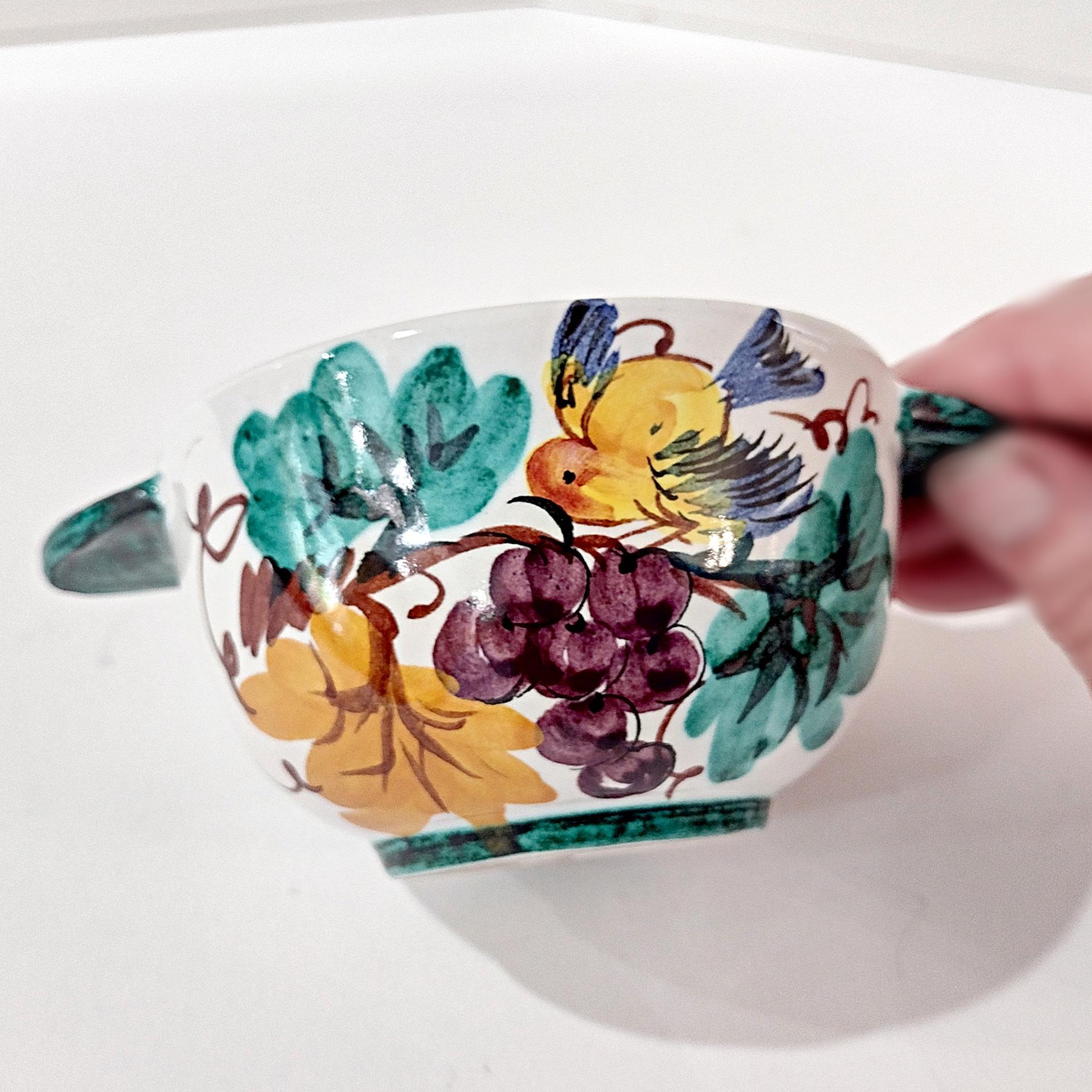 Vintage Hand Painted Italian Majolica Ceramic Bowl, Bird, Grapes, and Floral Design, PV Peasant Village Italy Pottery, Open Sugar Bowl