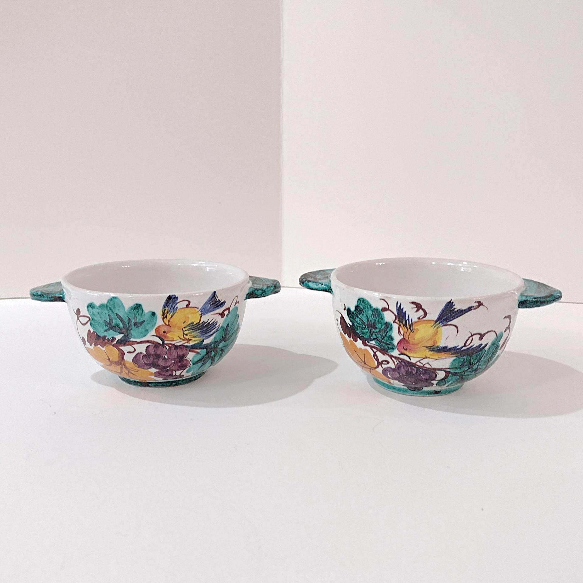 Vintage Hand Painted Italian Majolica Ceramic Bowl, Bird, Grapes, and Floral Design, PV Peasant Village Italy Pottery, Open Sugar Bowl