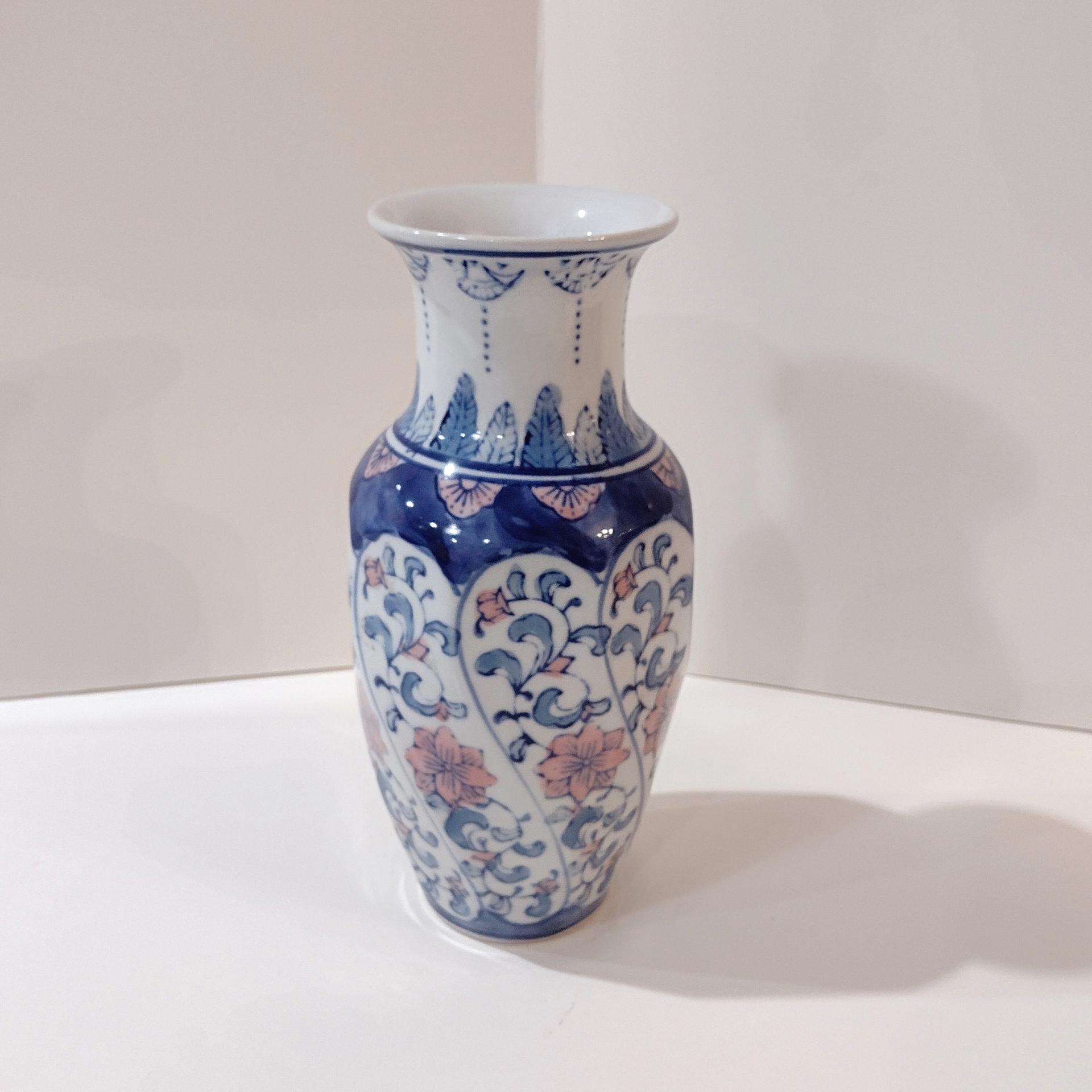 Vintage Oriental Asian Ceramic Flower Vase with Pink and Blue Rose Design