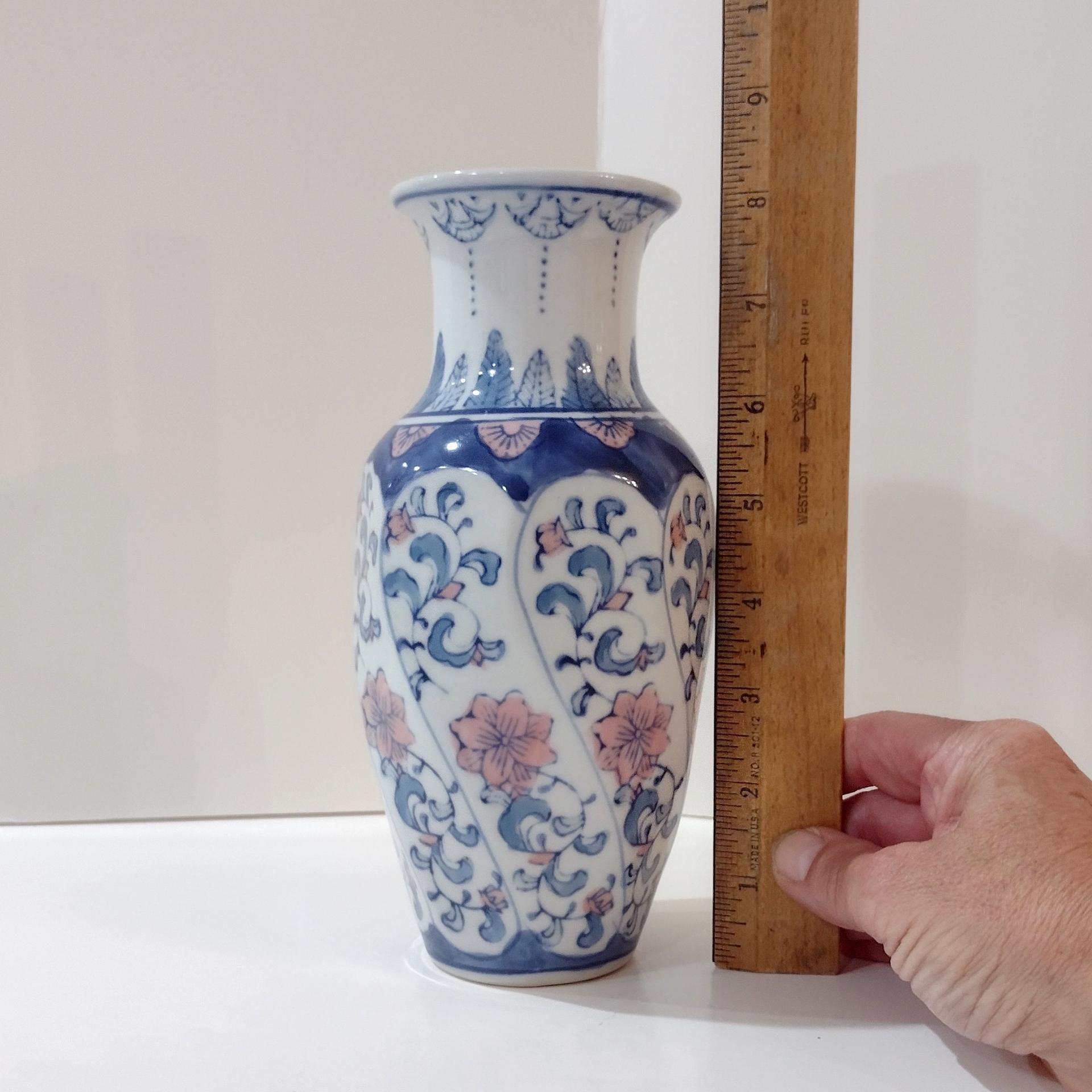 Vintage Oriental Asian Ceramic Flower Vase with Pink and Blue Rose Design