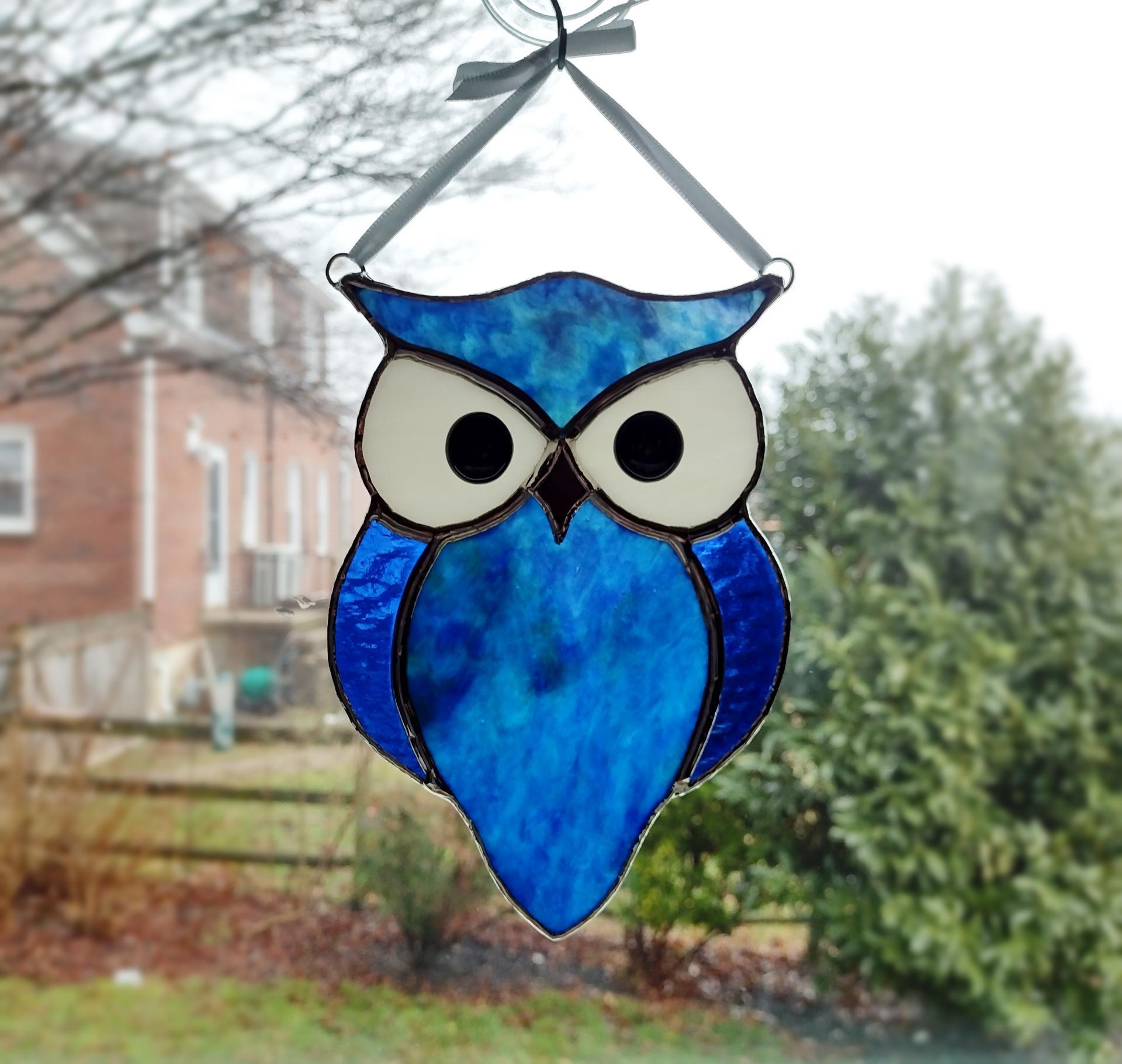 Blue Stained Glass Owl Suncatcher