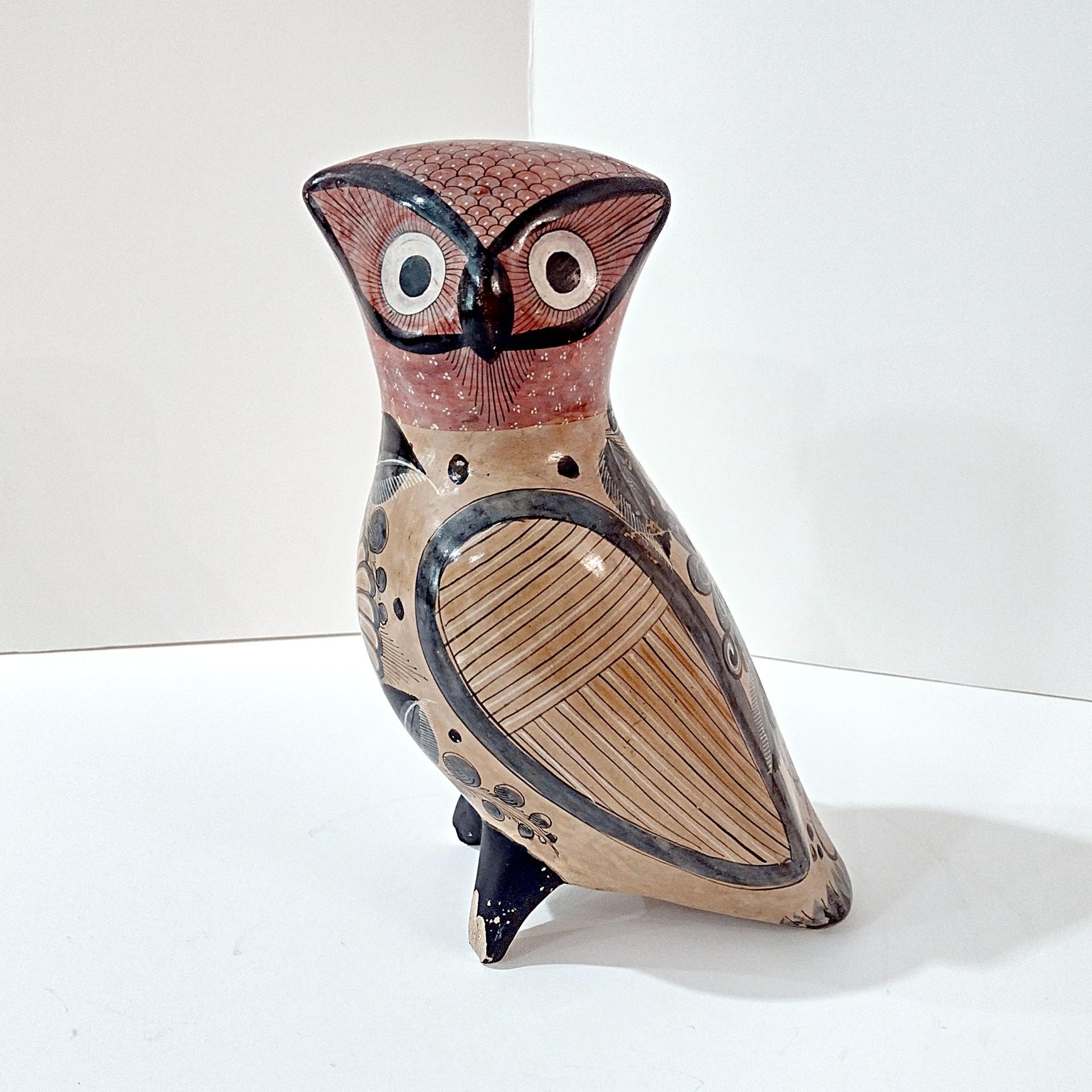 Vintage Hand Painted Tonala Jalisco Ceramic Owl Figurine, Mexican Folk Art Pottery Owl