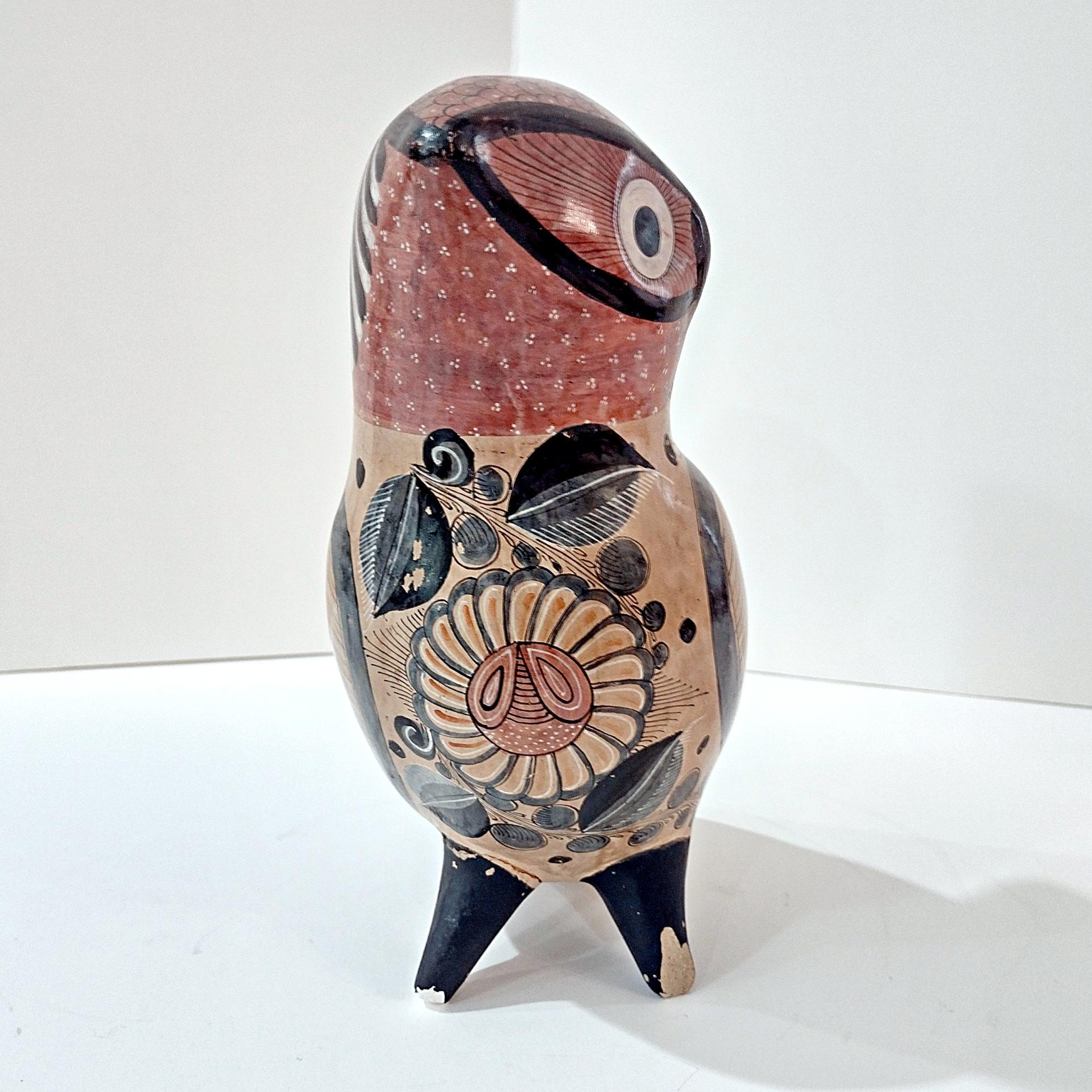 Vintage Hand Painted Tonala Jalisco Ceramic Owl Figurine, Mexican Folk Art Pottery Owl