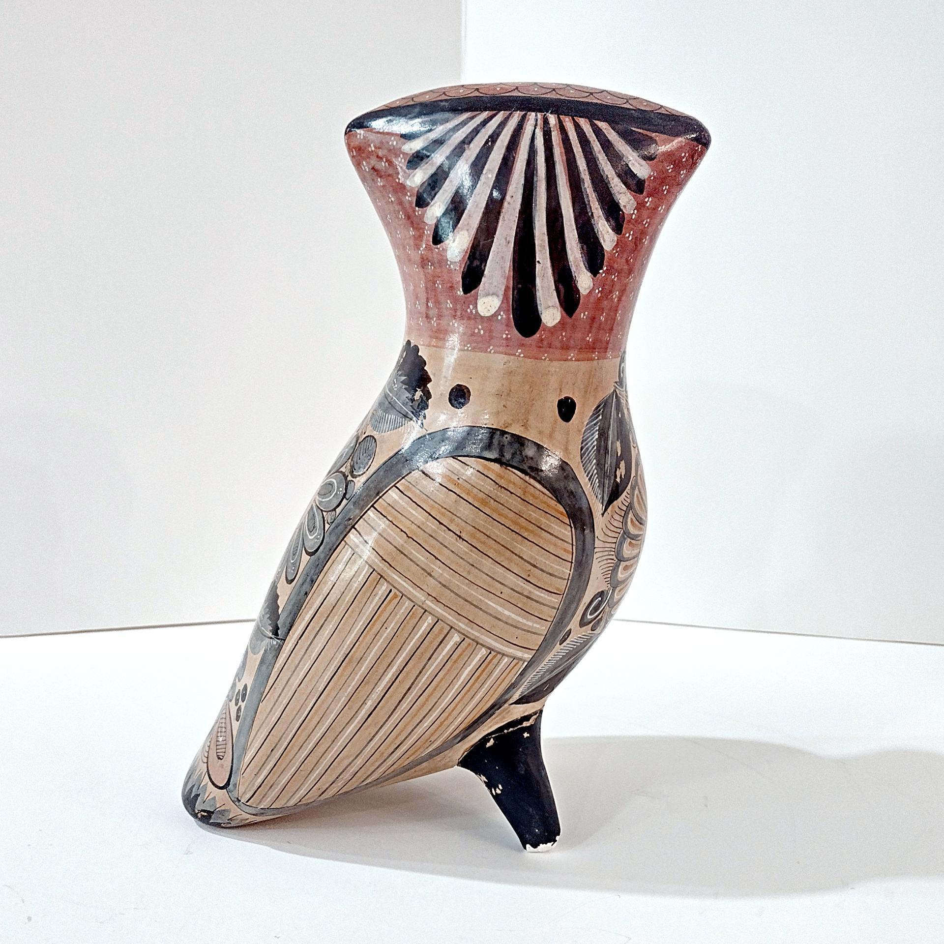Vintage Hand Painted Tonala Jalisco Ceramic Owl Figurine, Mexican Folk Art Pottery Owl