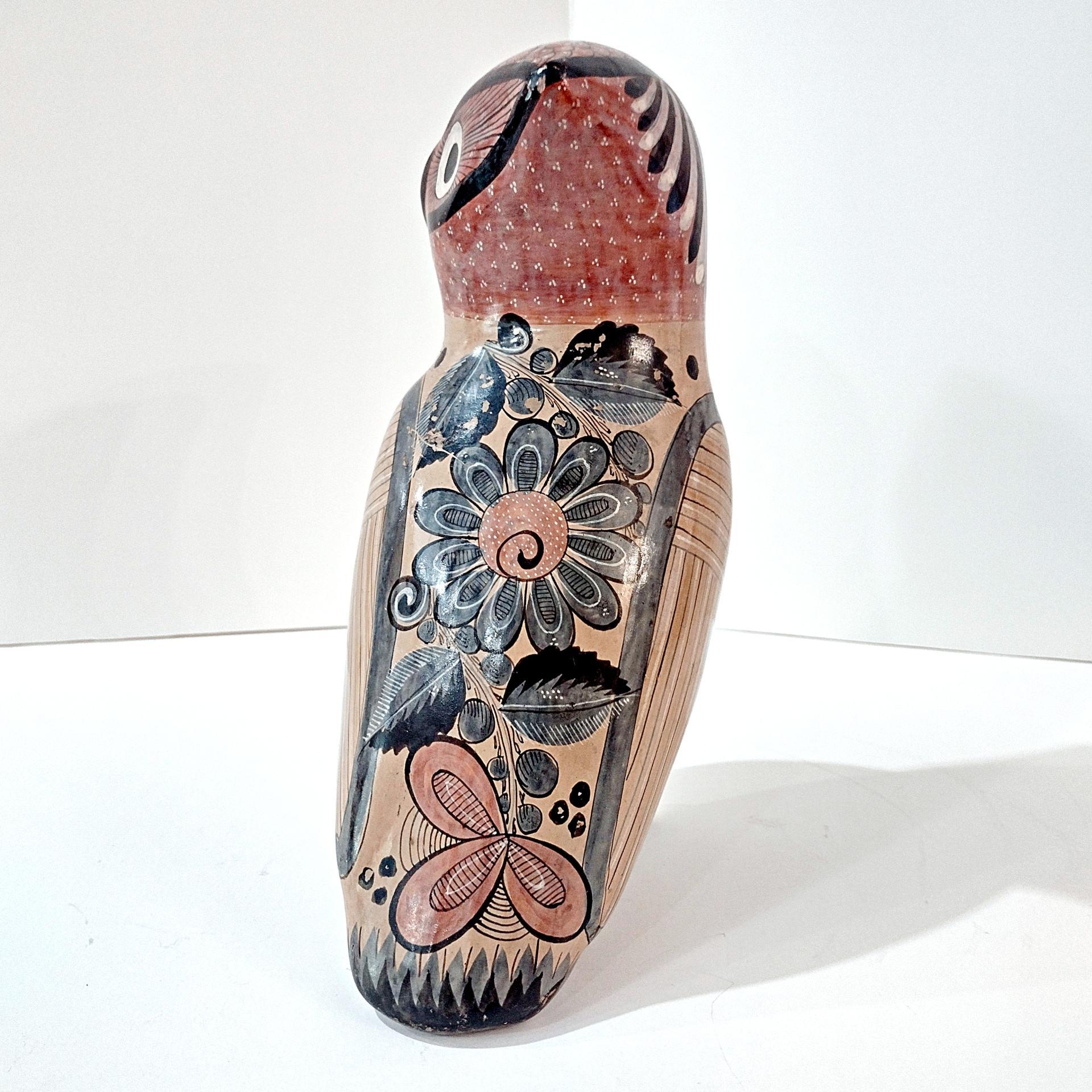 Vintage Hand Painted Tonala Jalisco Ceramic Owl Figurine, Mexican Folk Art Pottery Owl