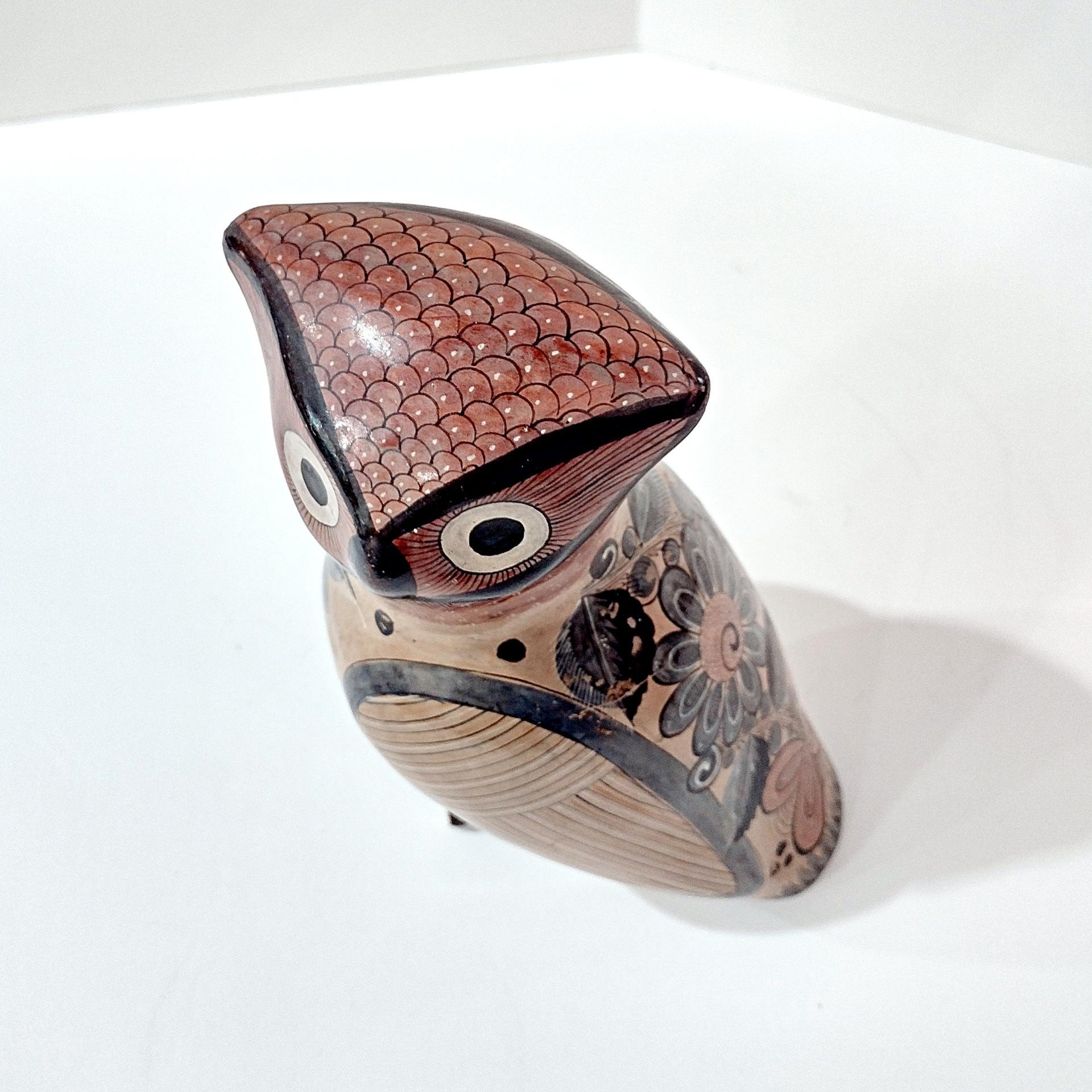 Vintage Hand Painted Tonala Jalisco Ceramic Owl Figurine, Mexican Folk Art Pottery Owl