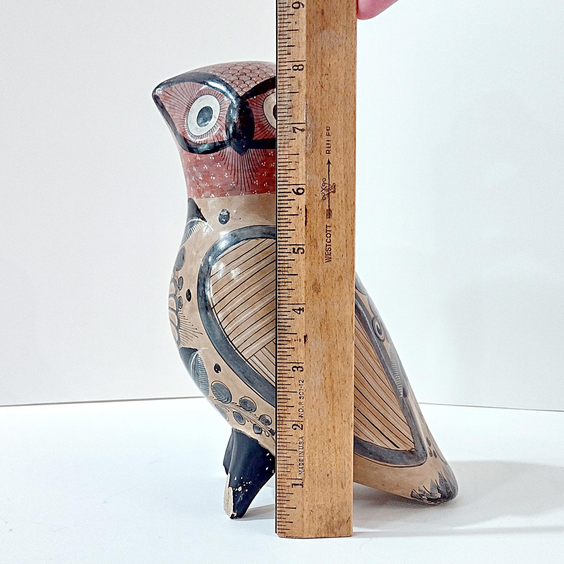 Vintage Hand Painted Tonala Jalisco Ceramic Owl Figurine, Mexican Folk Art Pottery Owl