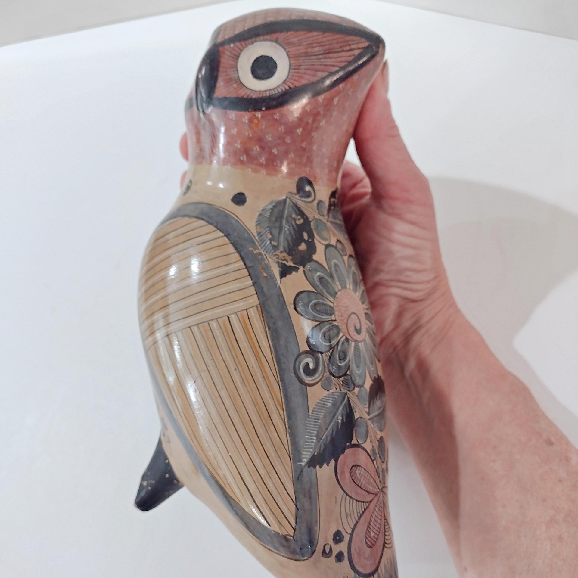 Vintage Hand Painted Tonala Jalisco Ceramic Owl Figurine, Mexican Folk Art Pottery Owl