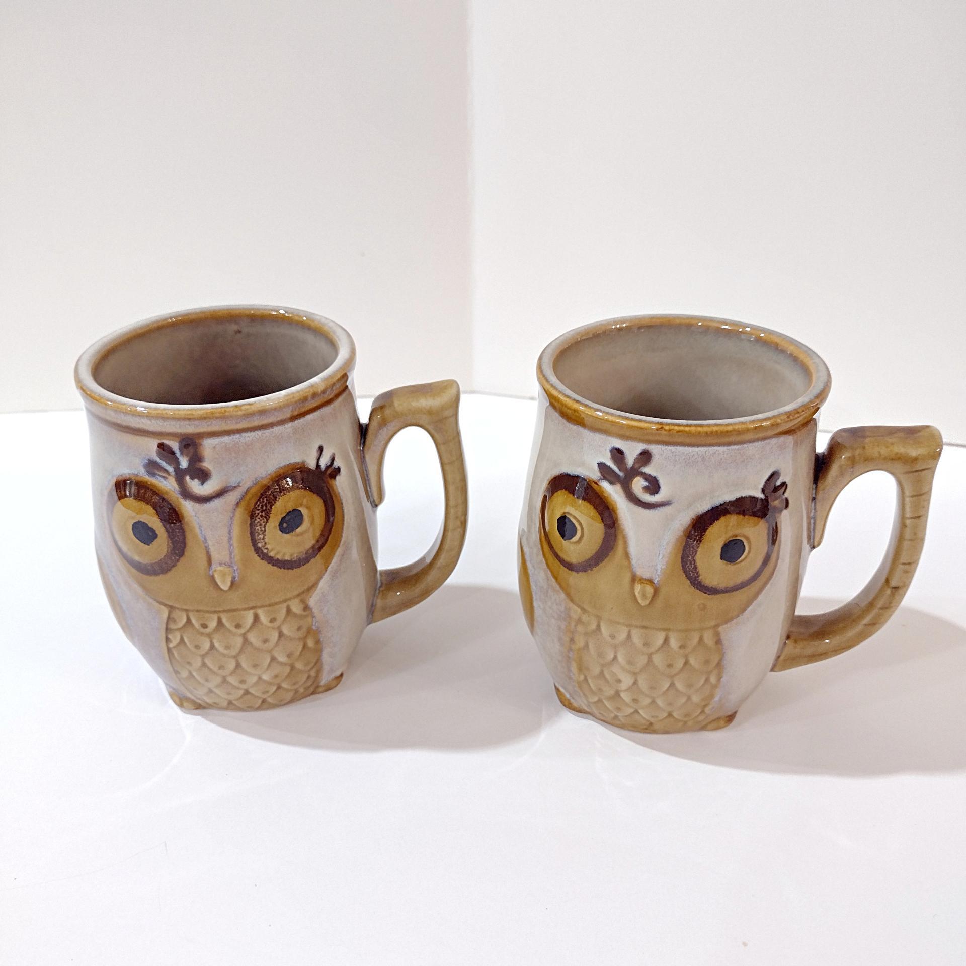 Vintage Figurative Ceramic Owl Mugs, Set of 2, Gibson 12 Ounce Coffee Mugs