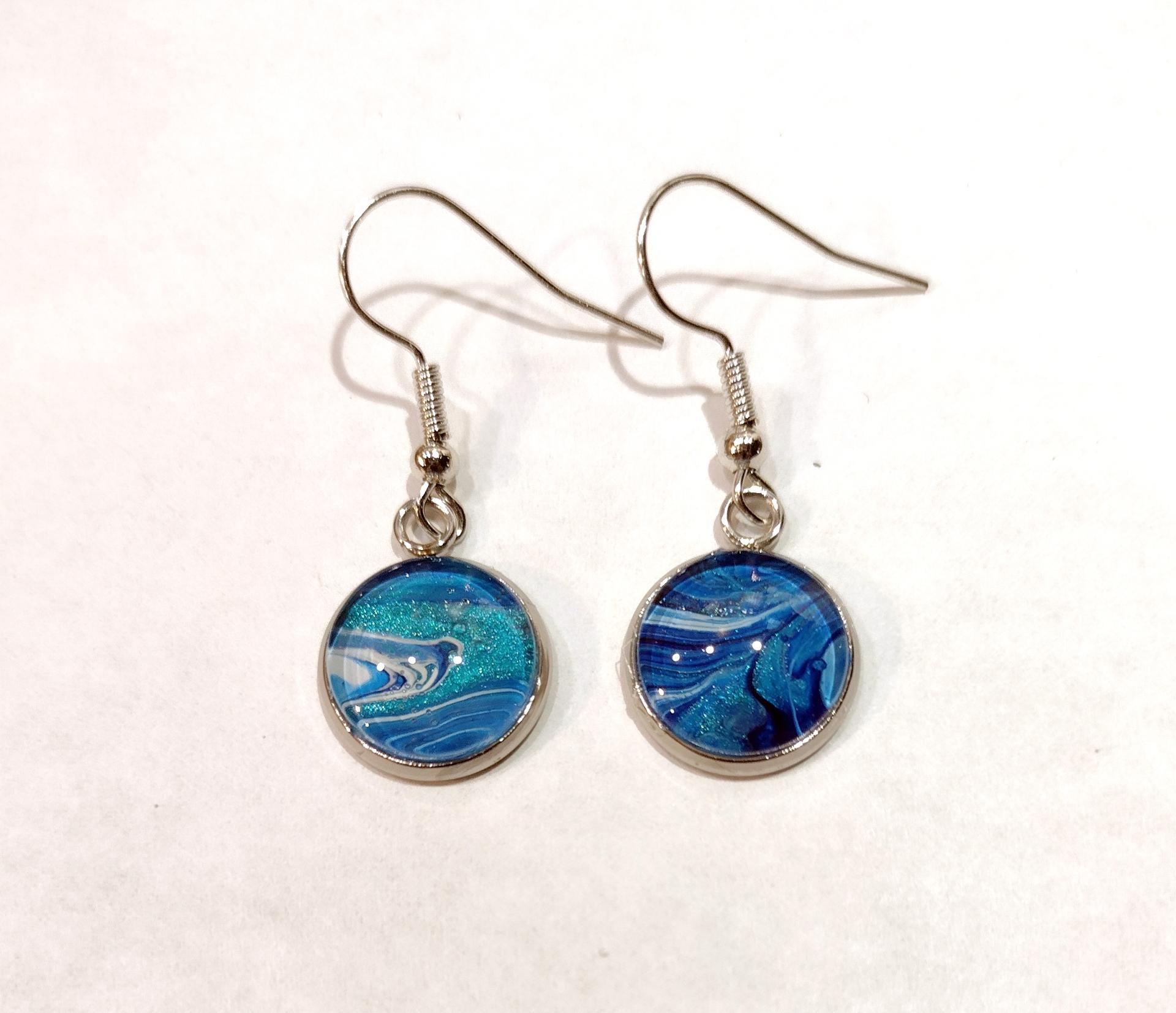 Painted Earrings, Blue and Silver Swirl