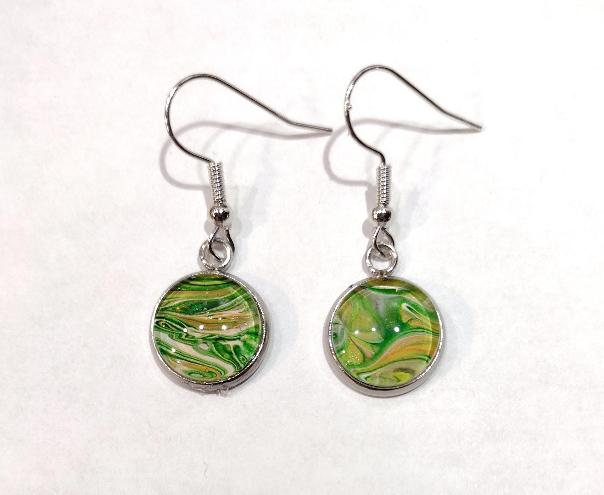 Painted Earrings, Green and Gold Swirl, Fall Earrings