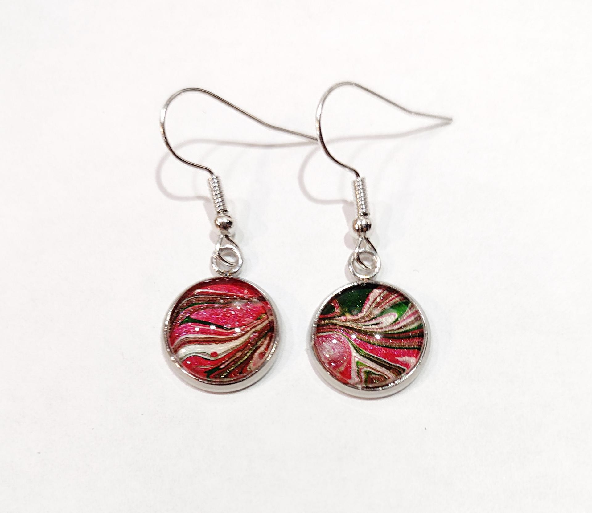 Painted Earrings, Red, Green, and Silver, Holiday Jewelry