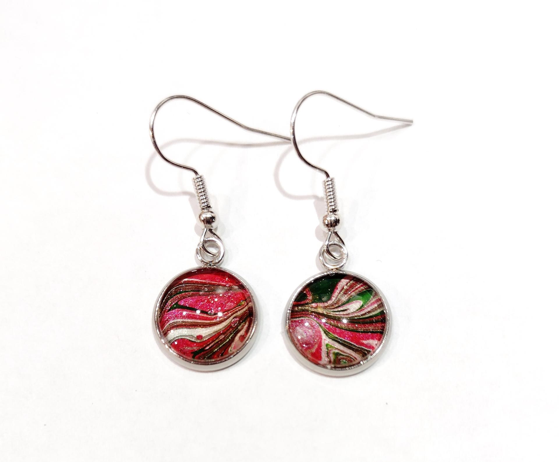 Painted Earrings, Red, Green, and Silver, Holiday Jewelry