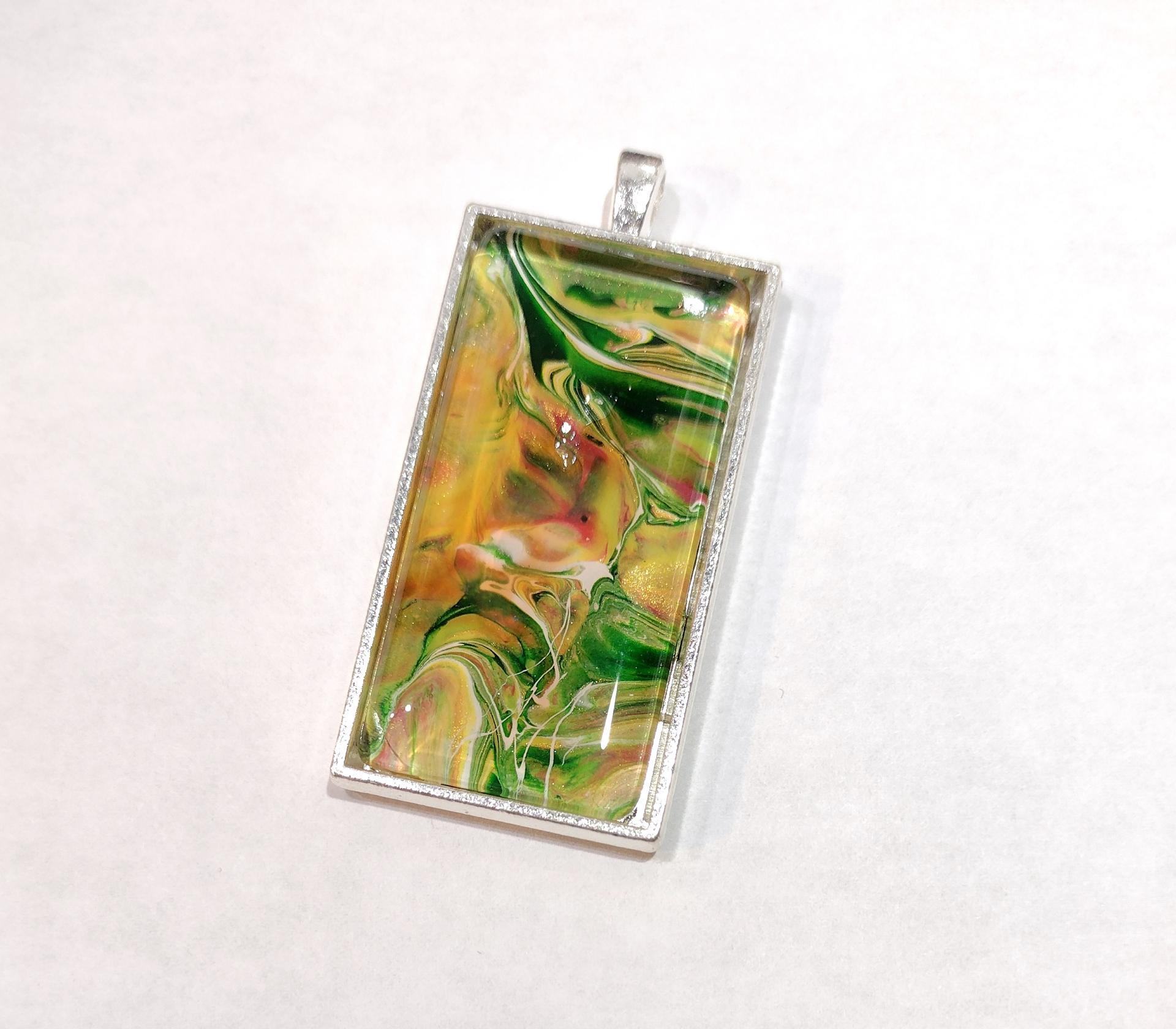 Painted Pendant, Green and Gold, Fall Jewelry