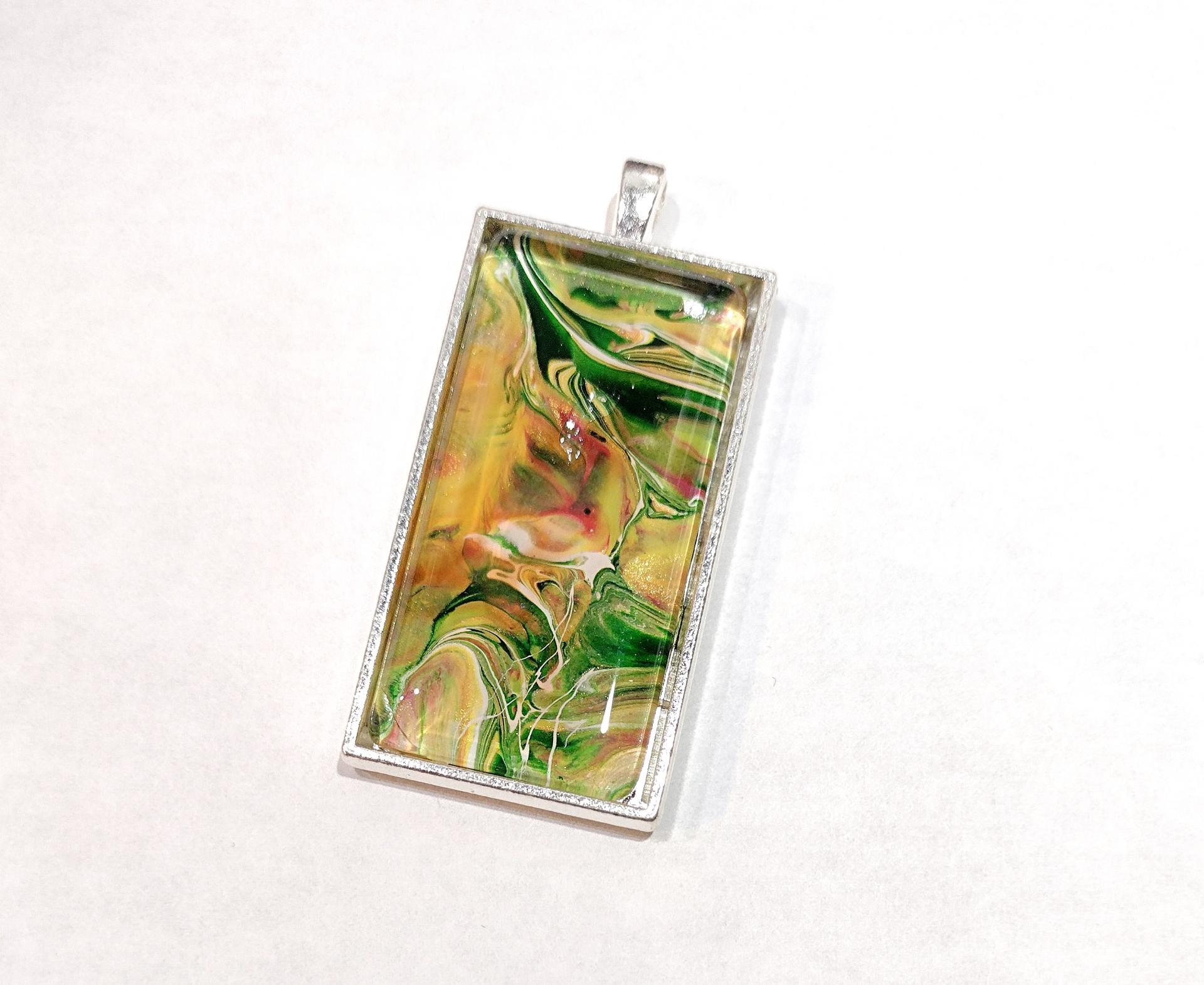 Painted Pendant, Green and Gold, Fall Jewelry
