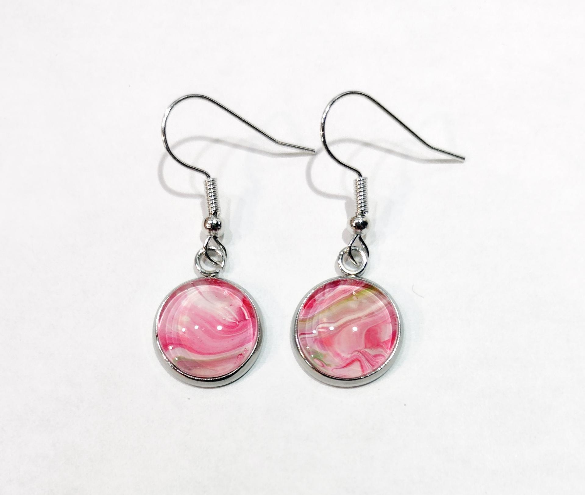 Painted Earrings, Pink, White, and Green Swirl