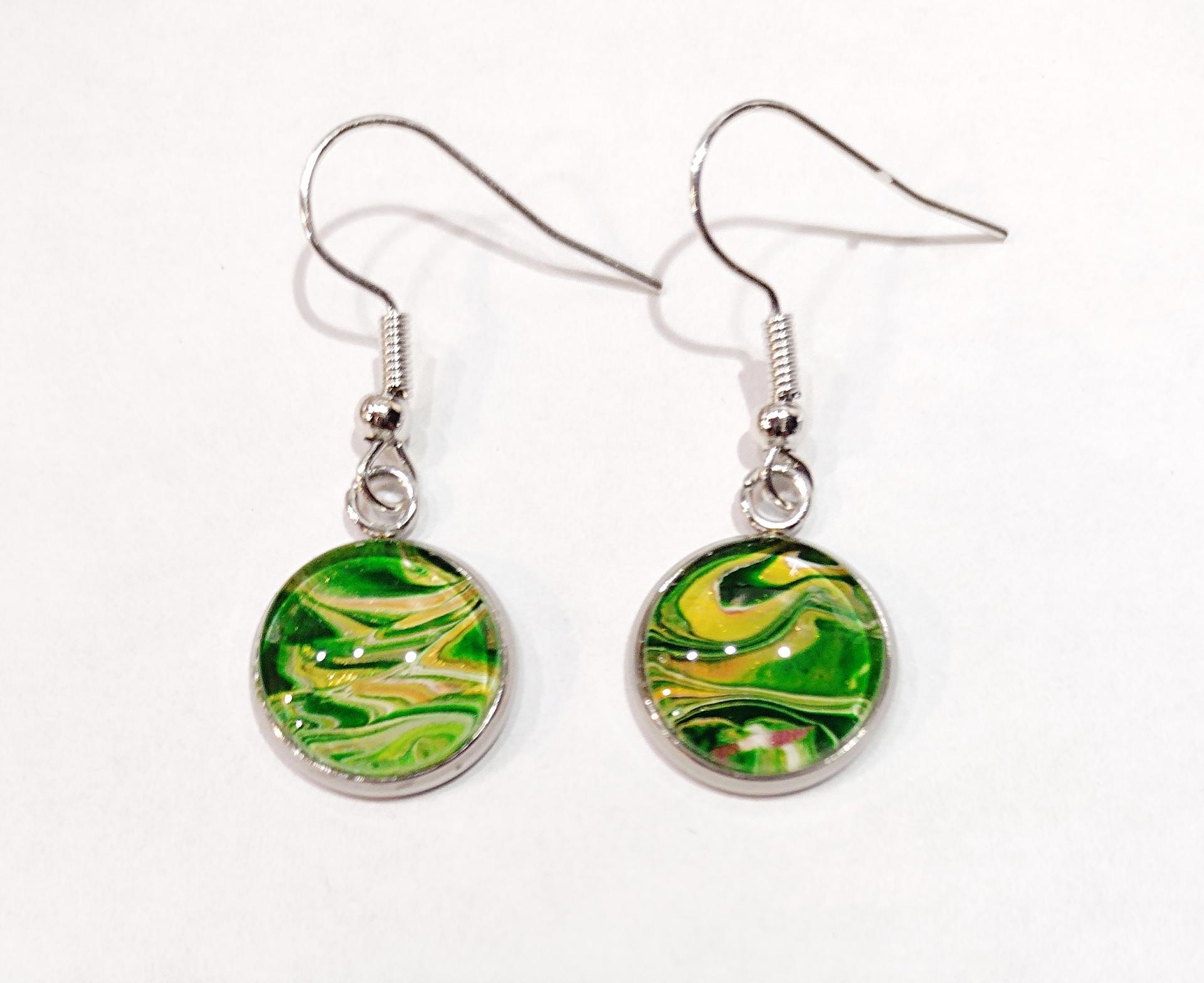 Painted Earrings, Green and Gold Swirls, Fall Earrings