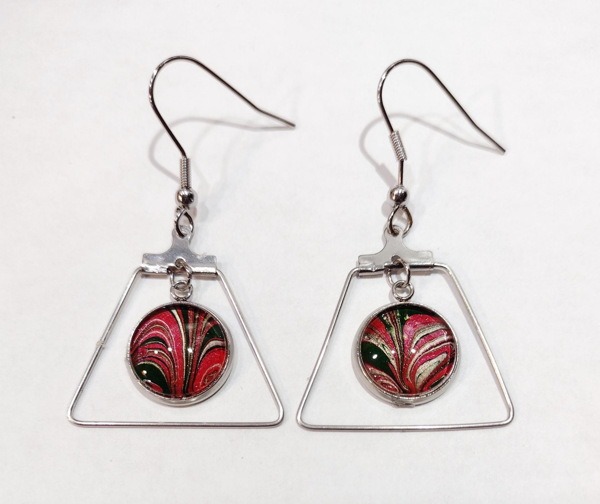 Painted Earrings, Red, Green, and Silver Trapezoid, Holiday Earrings