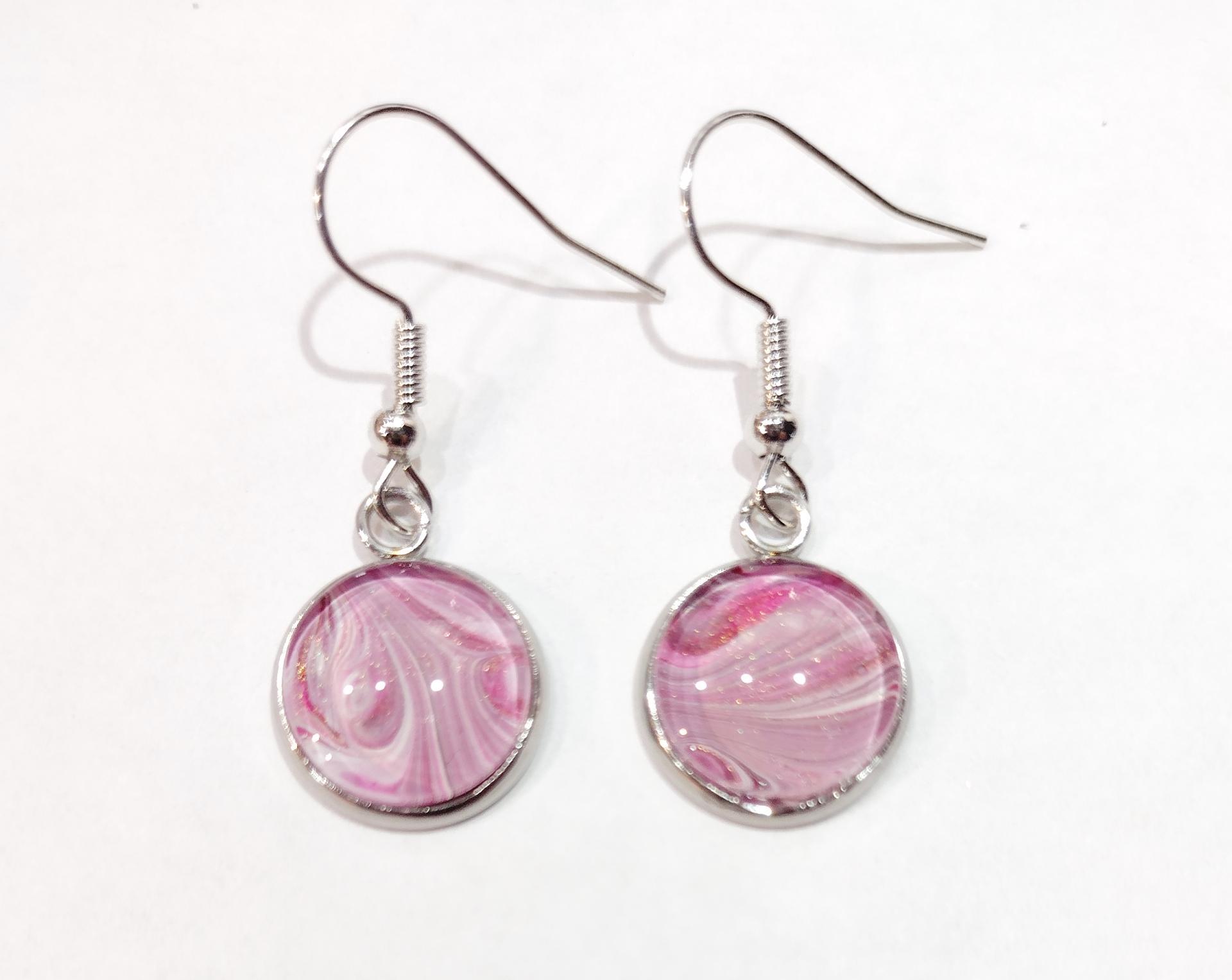 Painted Earrings, Pink and White Swirls