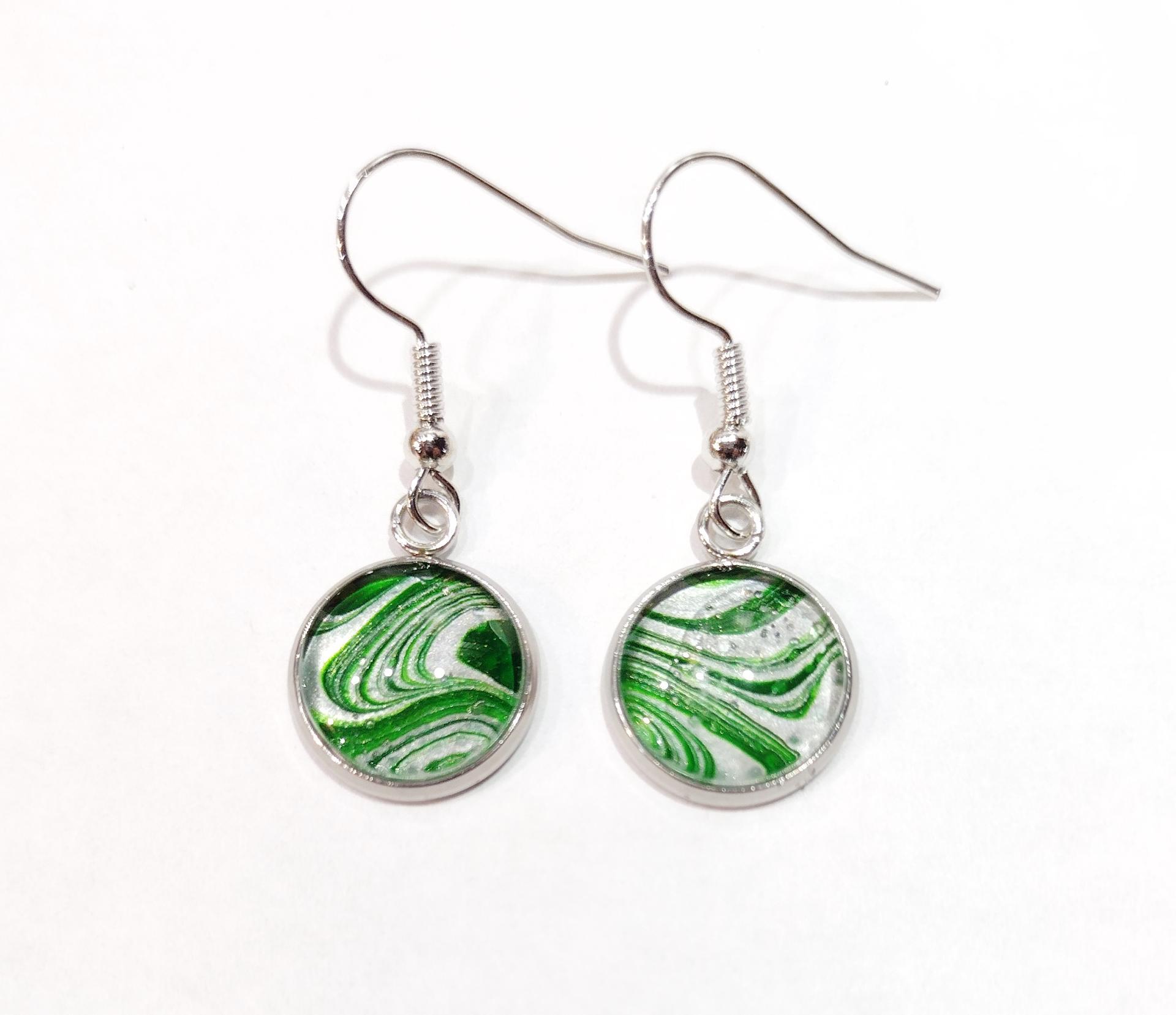 Painted Earrings, Green and Silver Swirls, Holiday Earrings