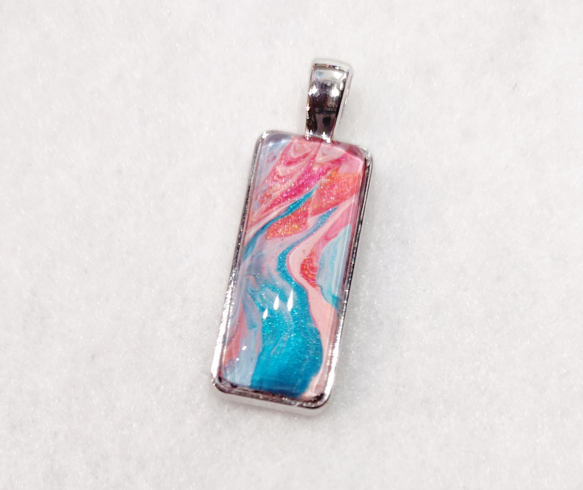 Painted Pendant, Coral Pink and Blue Swirls