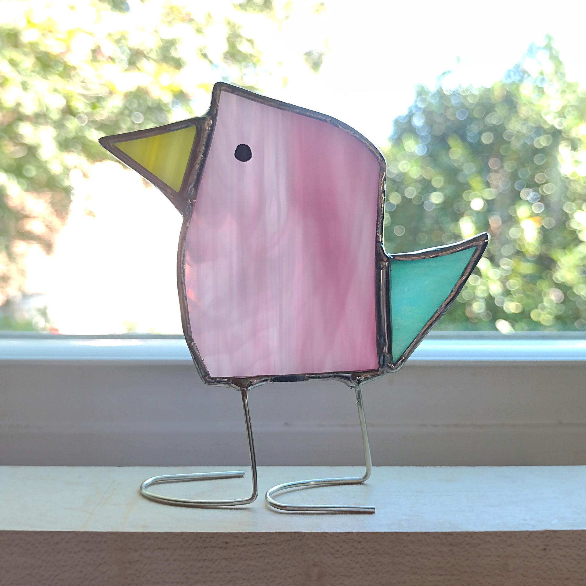 Stained Glass Standing Bird, Funky Pink and Blue Glass Bird Suncatcher, Bird Lover Gift, Windowsill Sitter