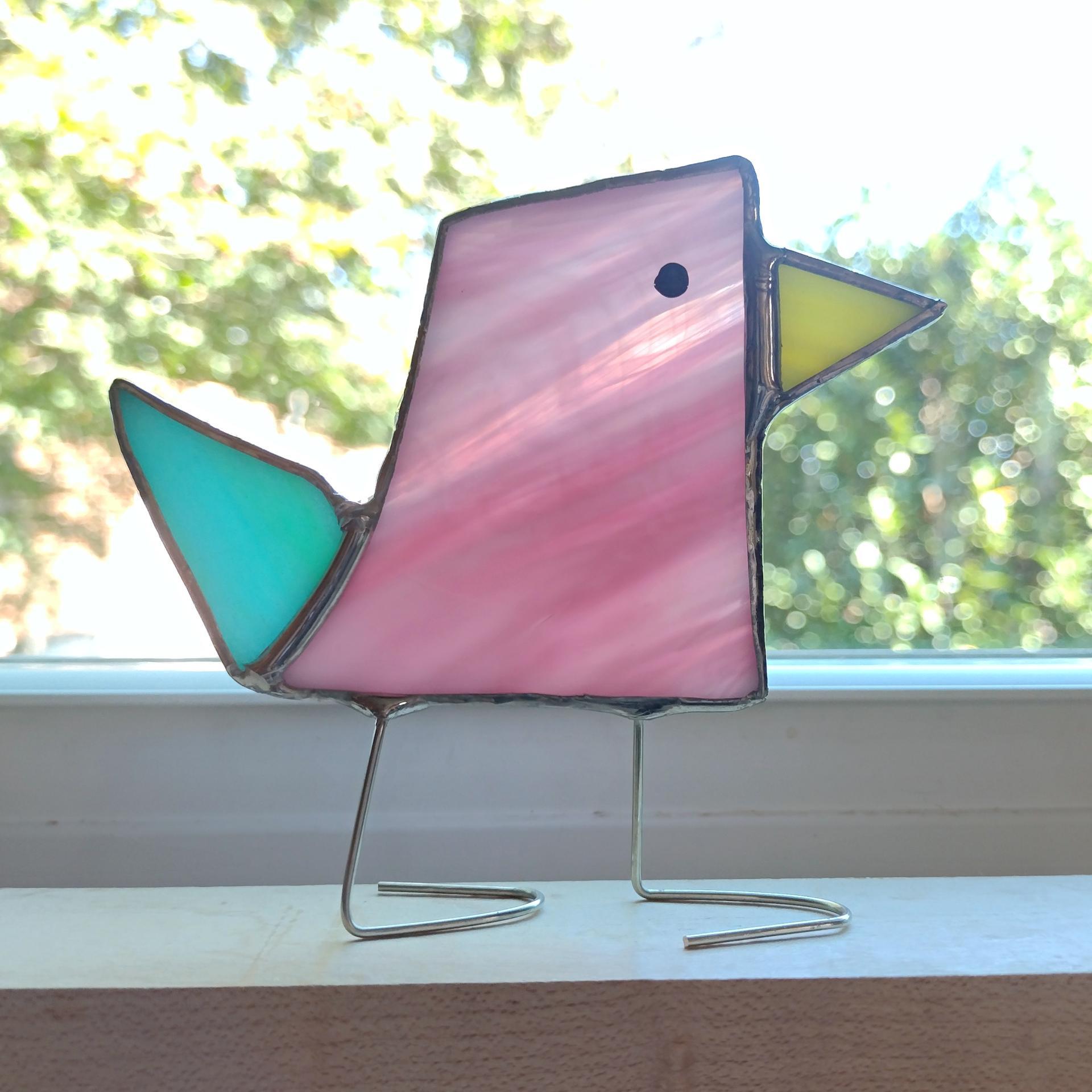 Stained Glass Standing Bird, Funky Pink and Blue Glass Bird Suncatcher, Bird Lover Gift, Windowsill Sitter