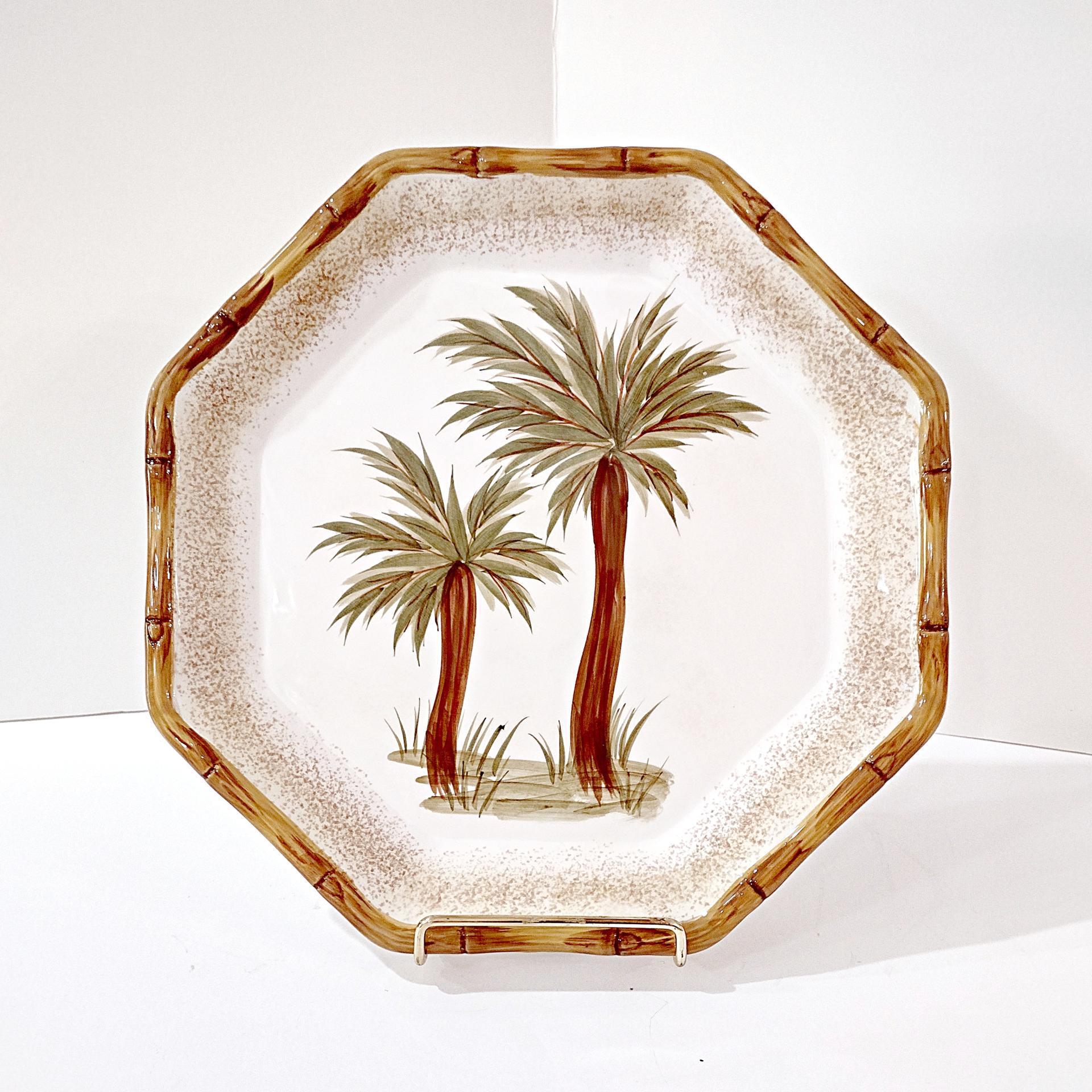 Vintage Octagonal Palm Tree Dinner Plate with Bamboo Edge, Today's Living TOL5 Ceramic Plate