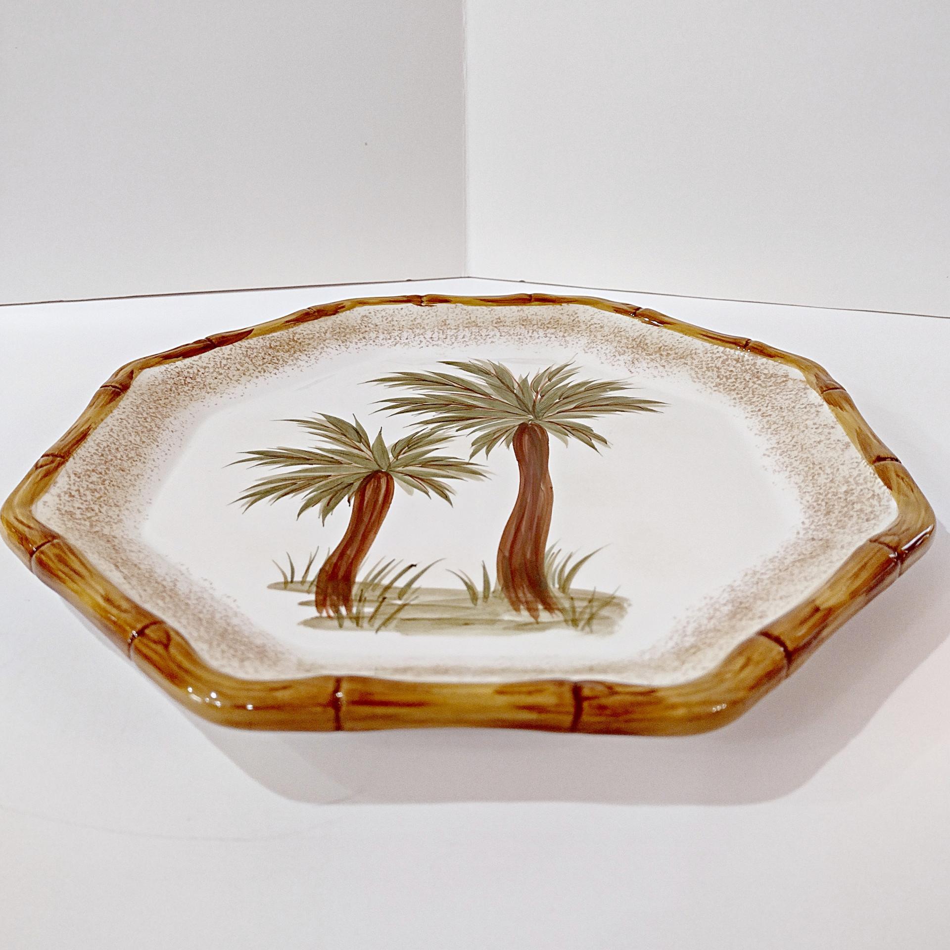 Vintage Octagonal Palm Tree Dinner Plate with Bamboo Edge, Today's Living TOL5 Ceramic Plate