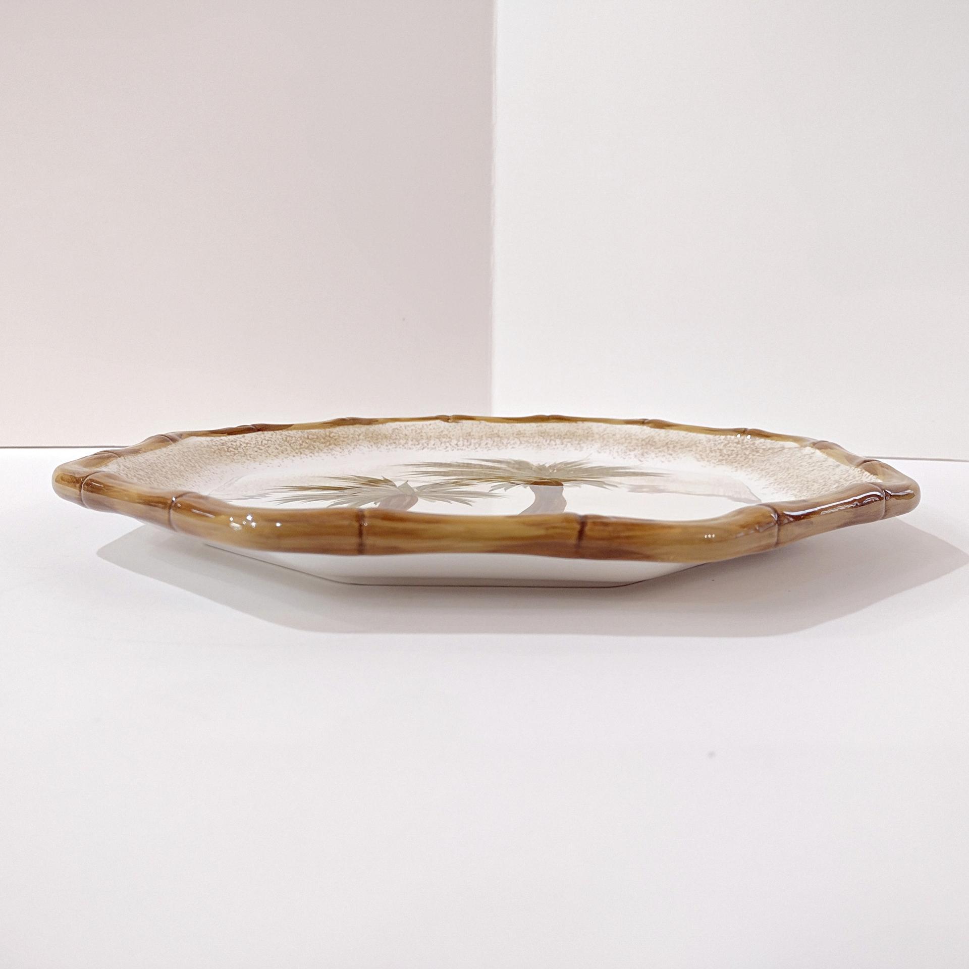 Vintage Octagonal Palm Tree Dinner Plate with Bamboo Edge, Today's Living TOL5 Ceramic Plate