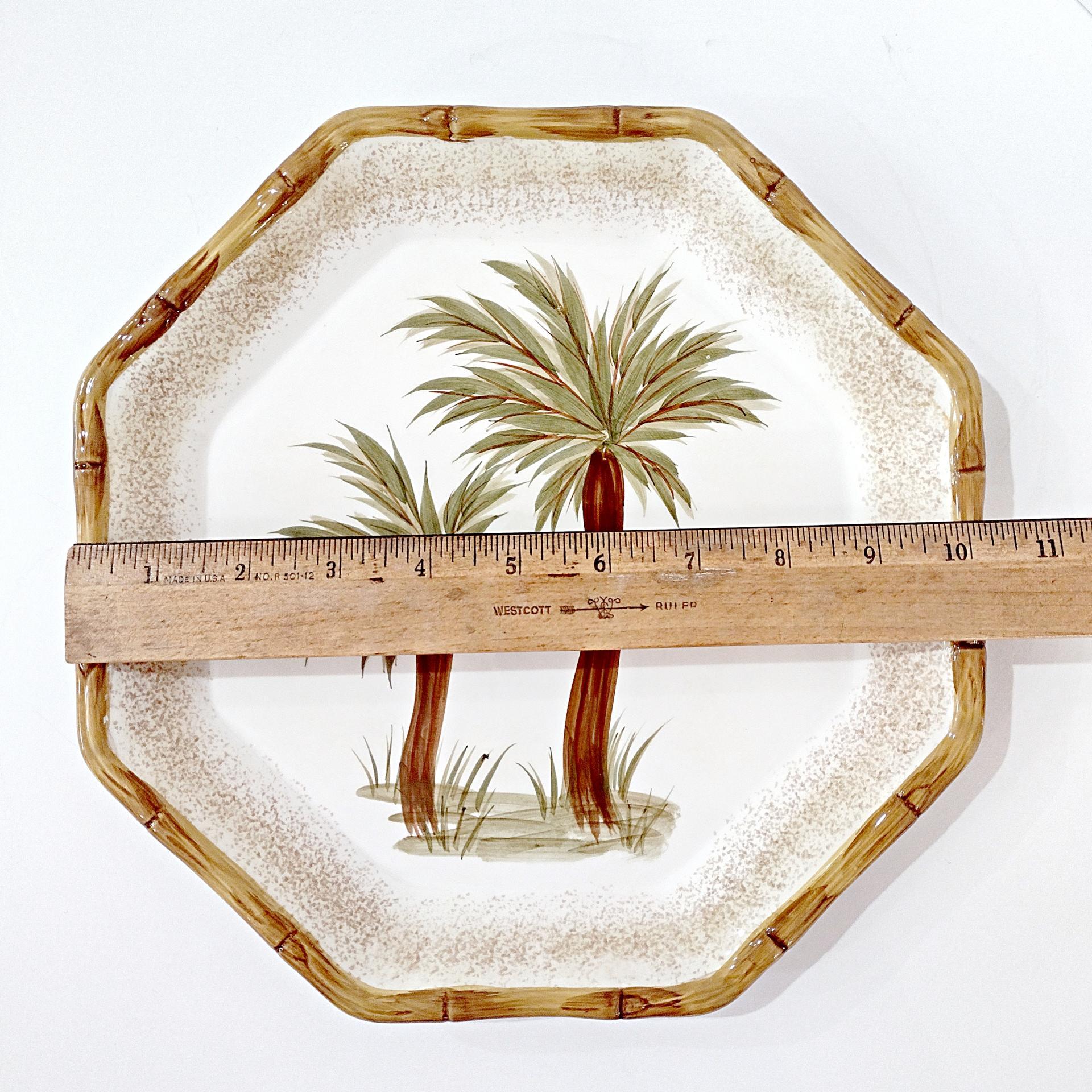 Vintage Octagonal Palm Tree Dinner Plate with Bamboo Edge, Today's Living TOL5 Ceramic Plate