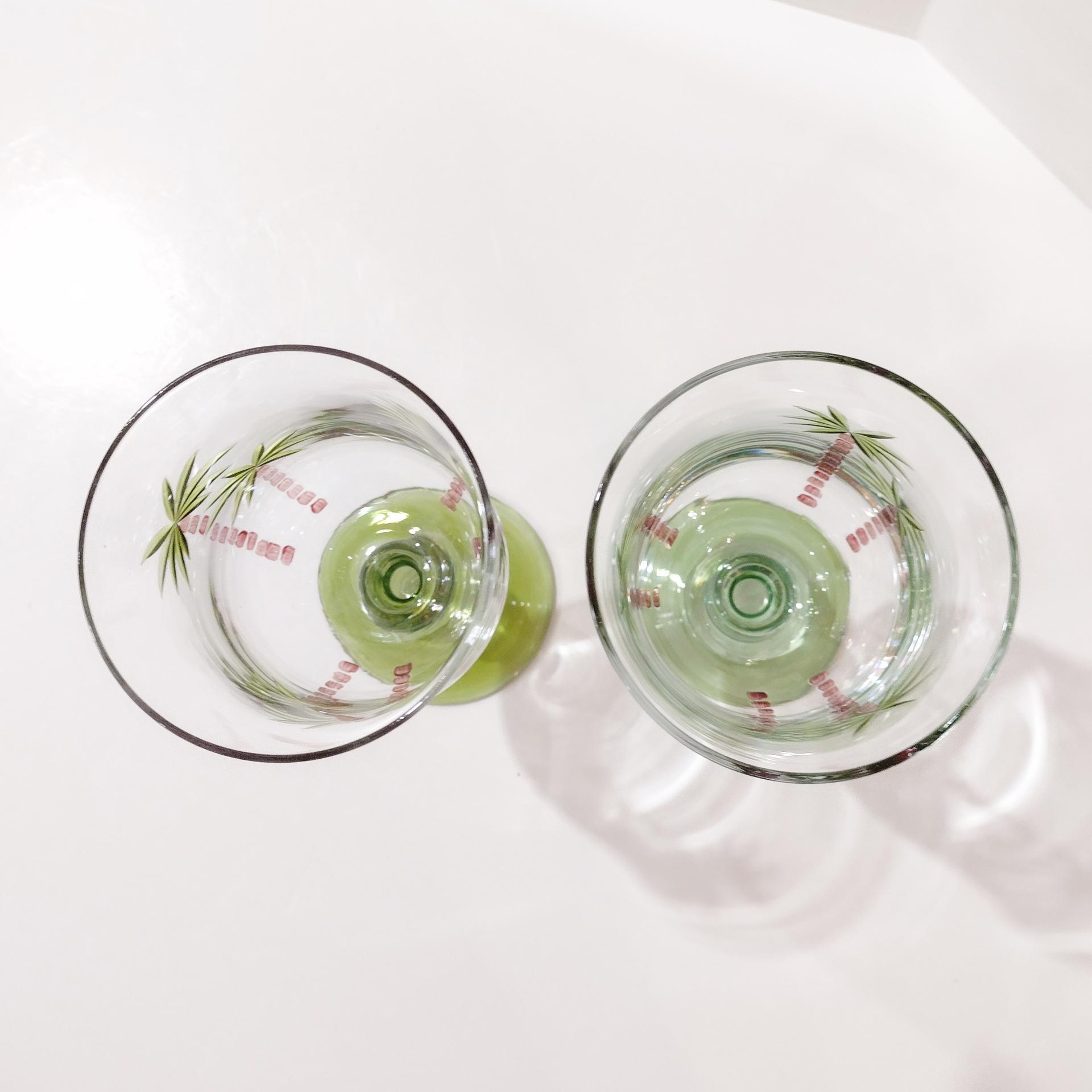 Vintage Hand Painted Palm Tree Cocktail Glasses, Set of Two, Tropical Beach Themed Barware, 12 Ounce Water Goblets