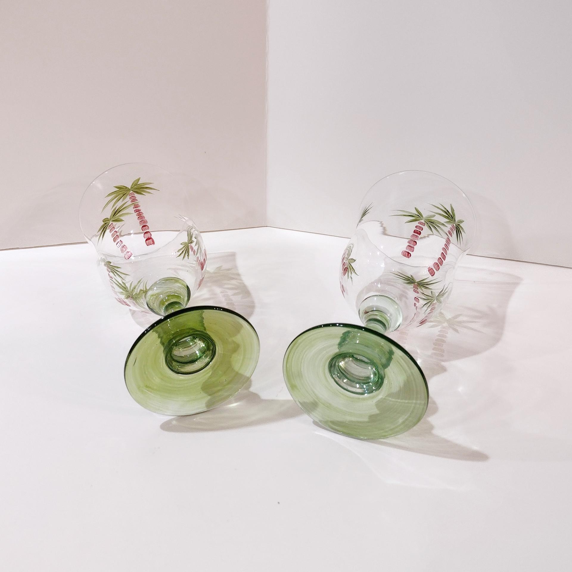 Vintage Hand Painted Palm Tree Cocktail Glasses, Set of Two, Tropical Beach Themed Barware, 12 Ounce Water Goblets