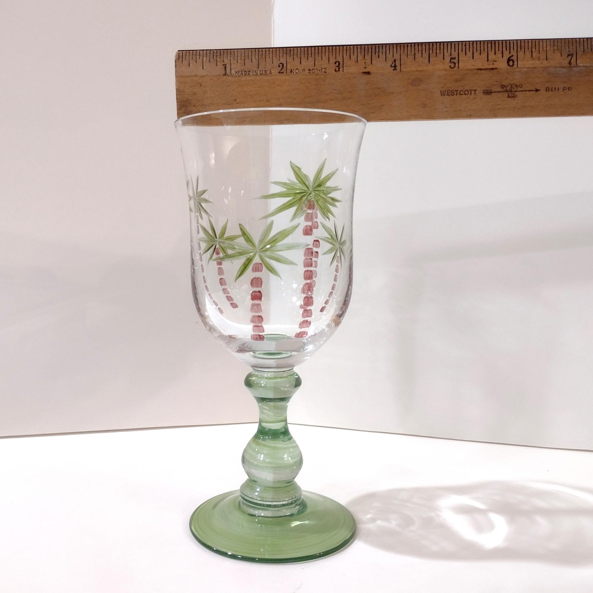 Vintage Hand Painted Palm Tree Cocktail Glasses, Set of Two, Tropical Beach Themed Barware, 12 Ounce Water Goblets