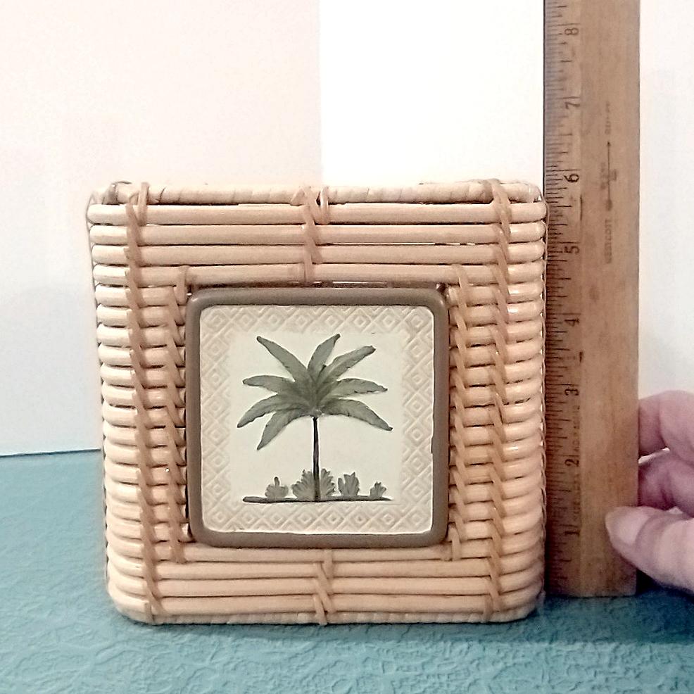 Vintage Bamboo Square Tissue Box Cover Holder with Palm Tree Design, Beth Yarbrough Beach Decor