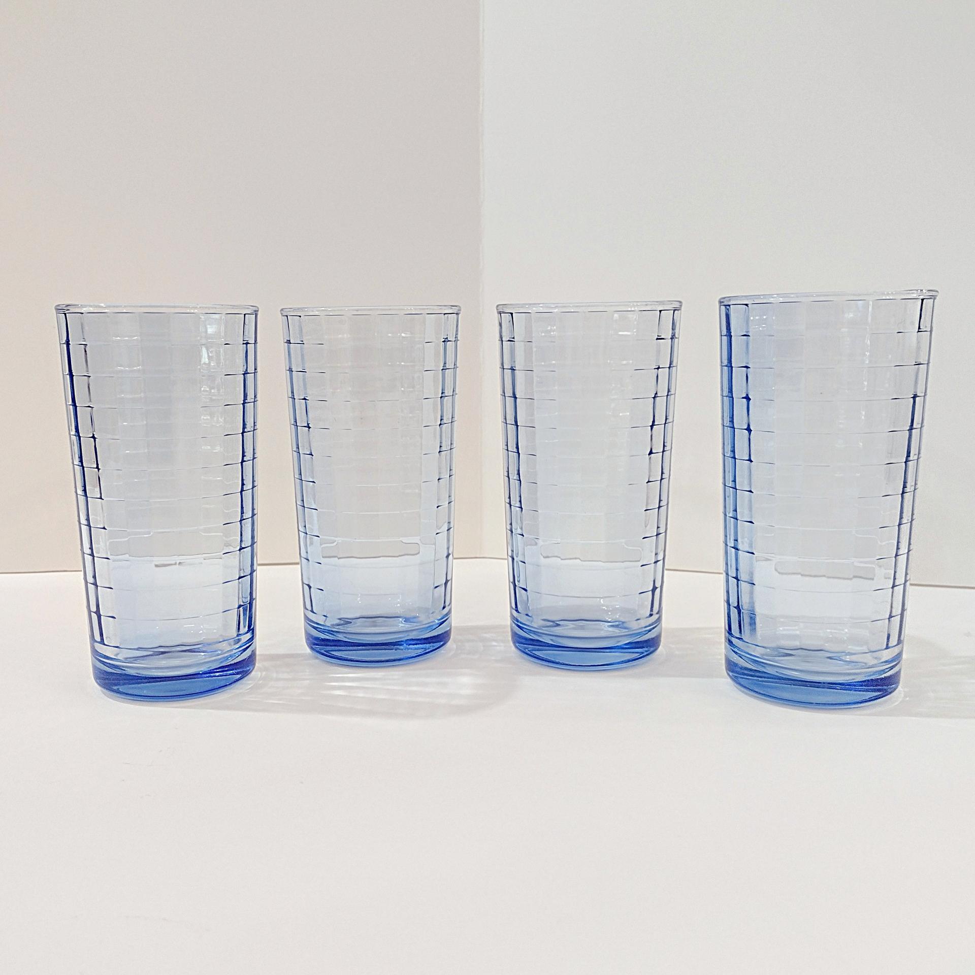 Vintage Blue Block Optic Highball Glasses, Set of 4, Blue Windowpane 9 Ounce Straight Tumblers