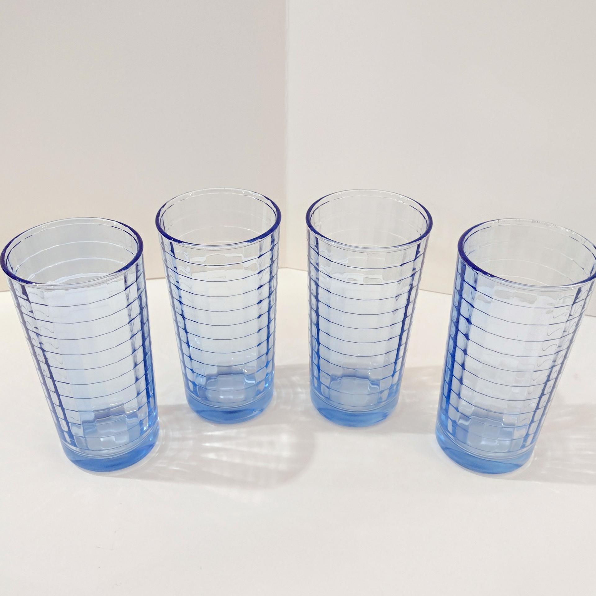 Vintage Blue Block Optic Highball Glasses, Set of 4, Blue Windowpane 9 Ounce Straight Tumblers