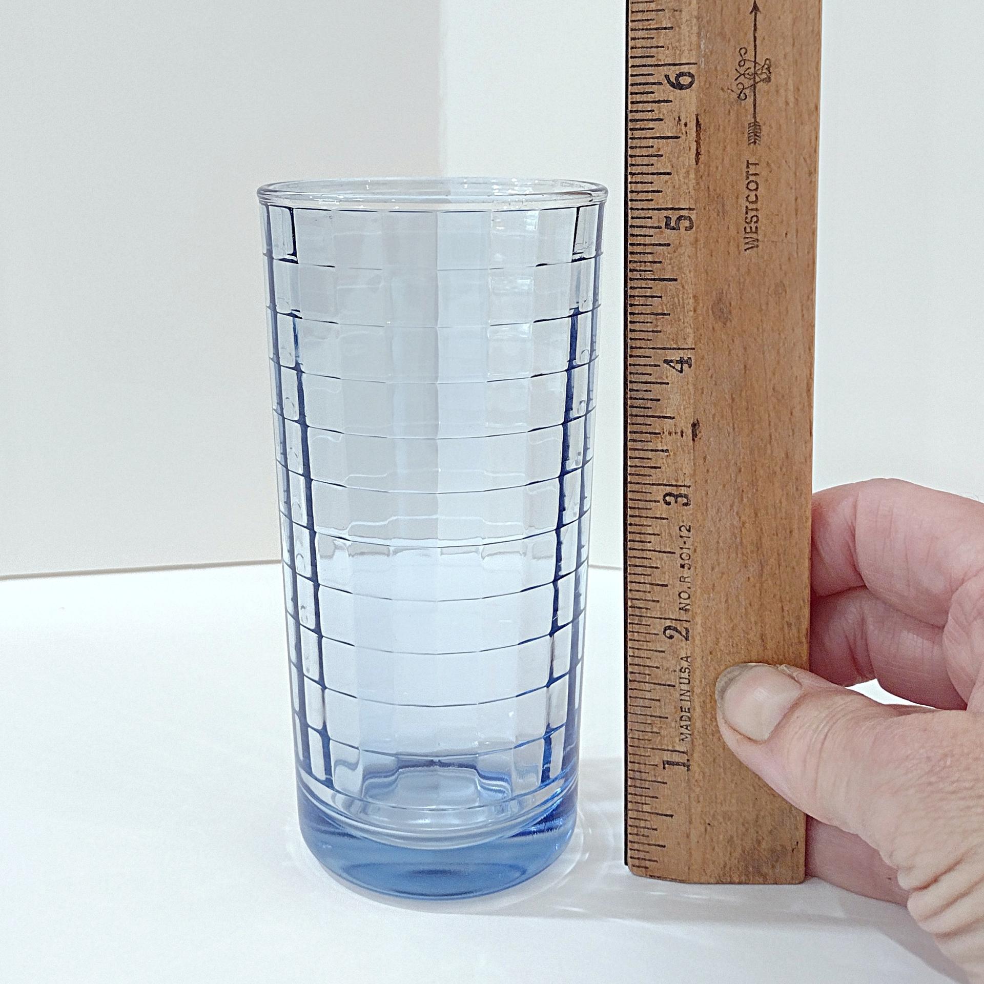 Vintage Blue Block Optic Highball Glasses, Set of 4, Blue Windowpane 9 Ounce Straight Tumblers